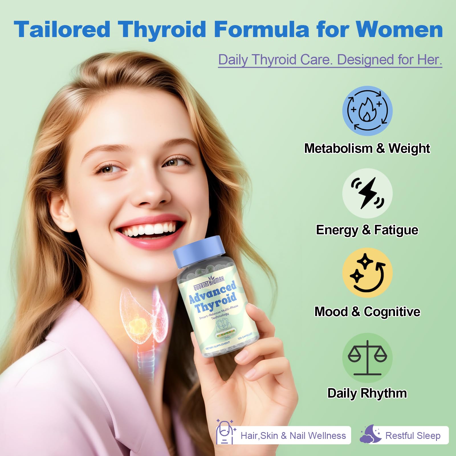 Quorinthiumax Thyroid Extracts capsules on a wooden surface