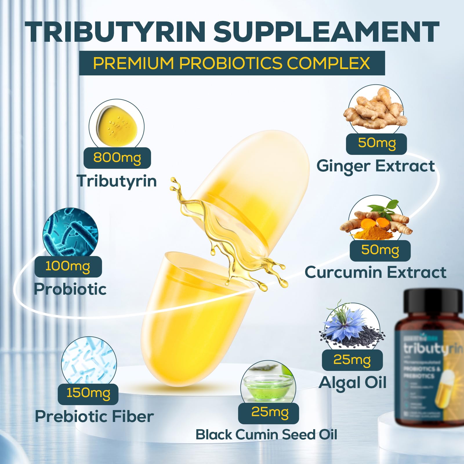 Quorinthiumax Tributyrin Prebiotic Supplement 800mg capsules on a wooden table