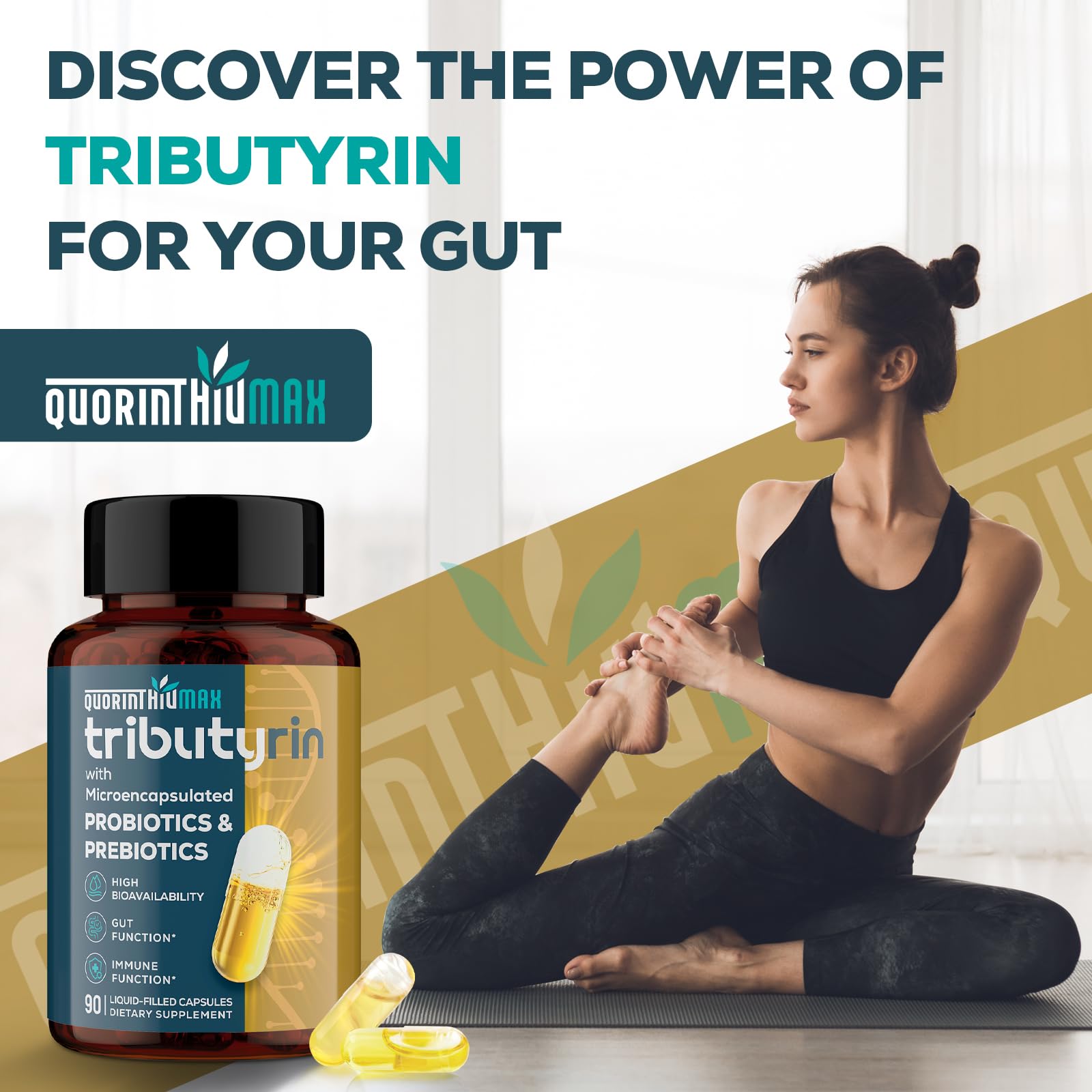 Quorinthiumax Tributyrin Prebiotic Supplement 800mg capsules packaging and label