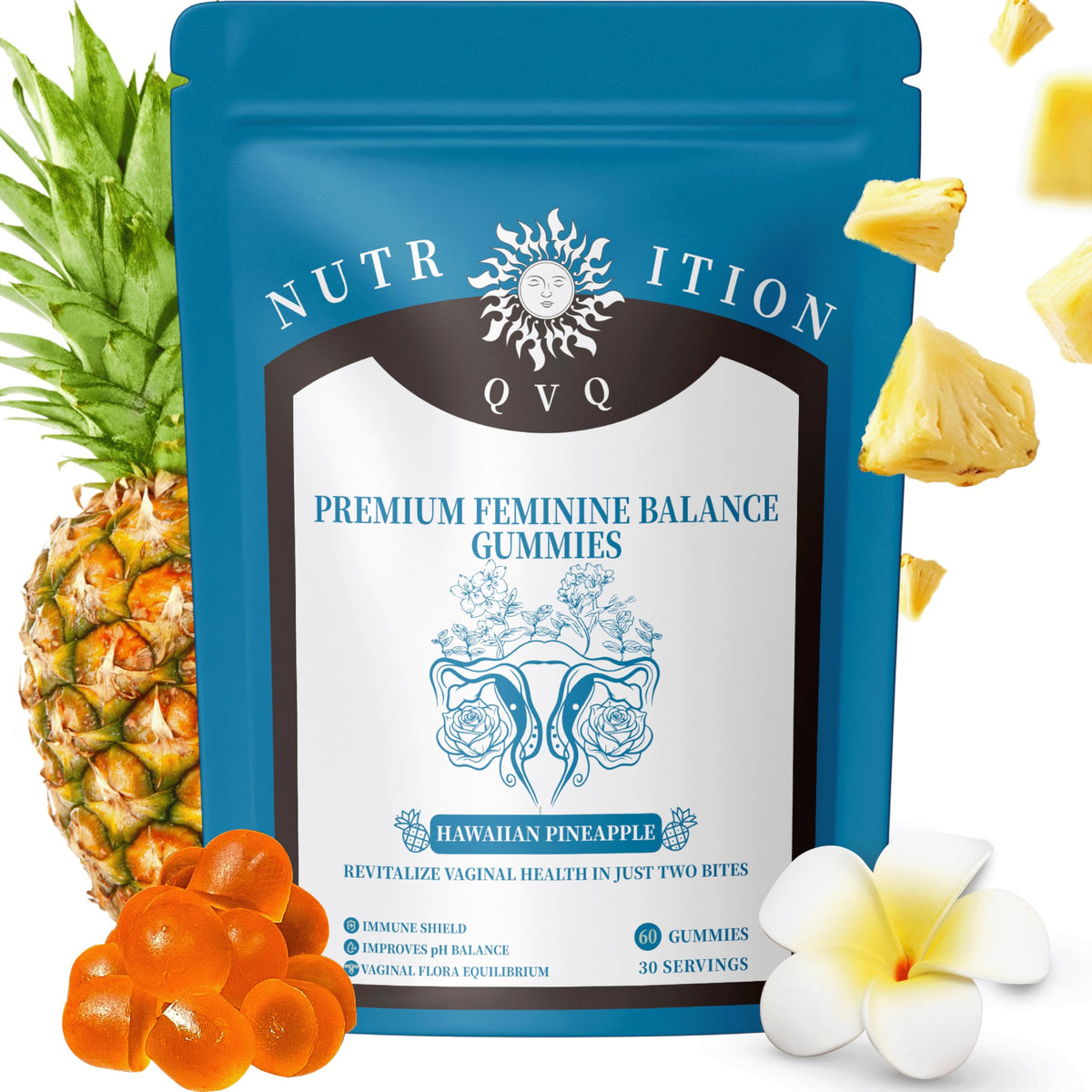 QVQ Feminine Balance Gummies 60 Count front view with pineapple flavour