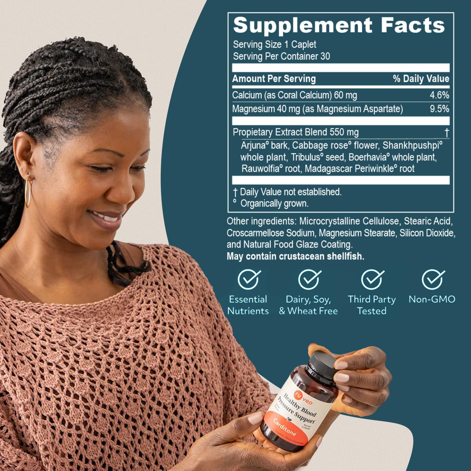 R-U VED Carditone Ayurvedic daily wellness Supplement caplet back view