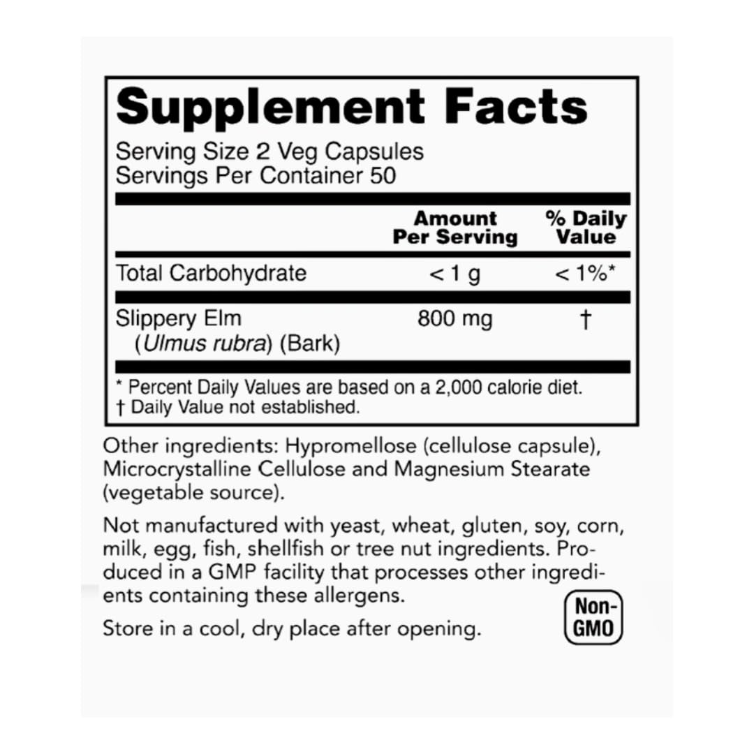 Rachelstea Slippery Elm Bark Capsules 400mg with a measuring spoon