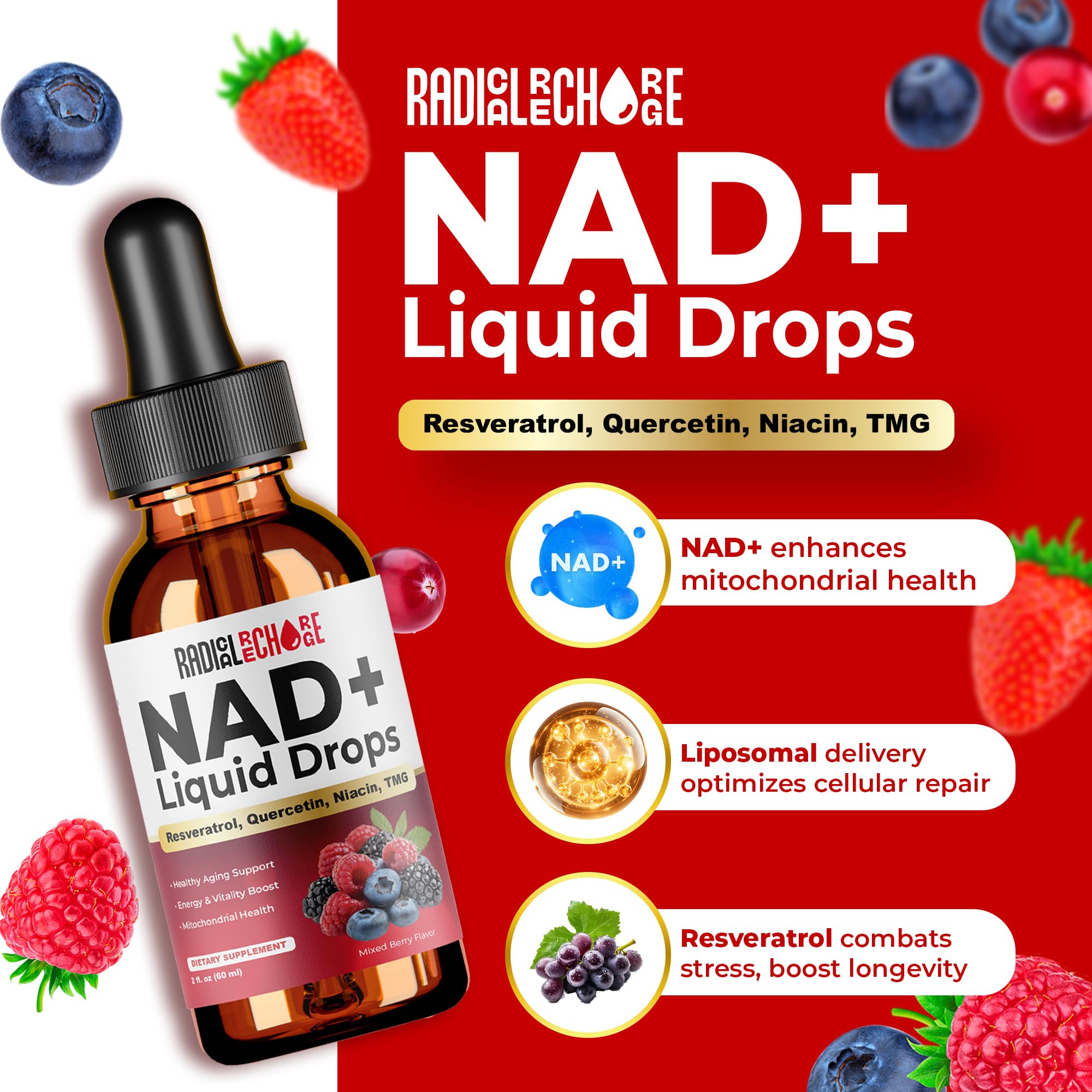 Radical Recharge Resveratrol Liquid Supplement with mixed berry flavour