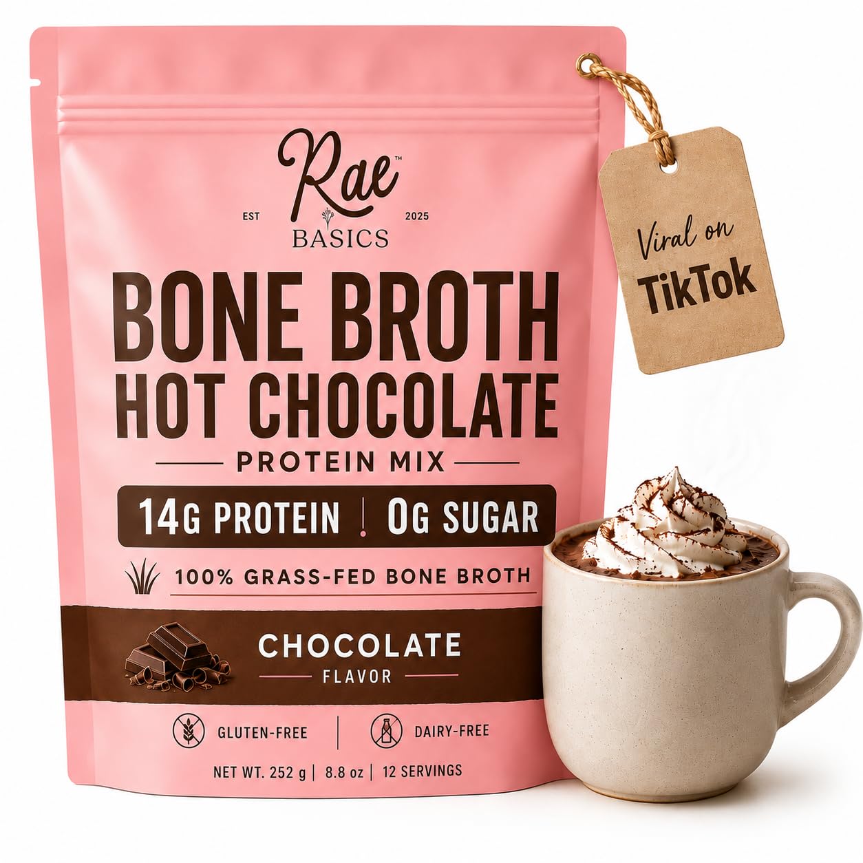 Rae Basics Bone Broth Hot Chocolate packaging front view