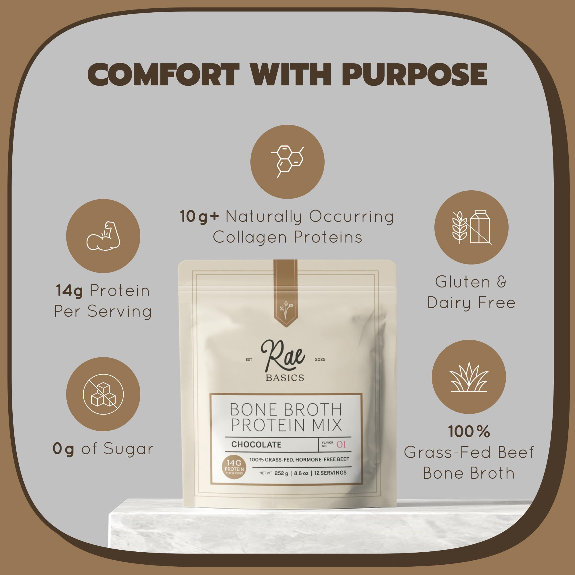 Rae Basics Bone Broth Hot Chocolate served in a mug