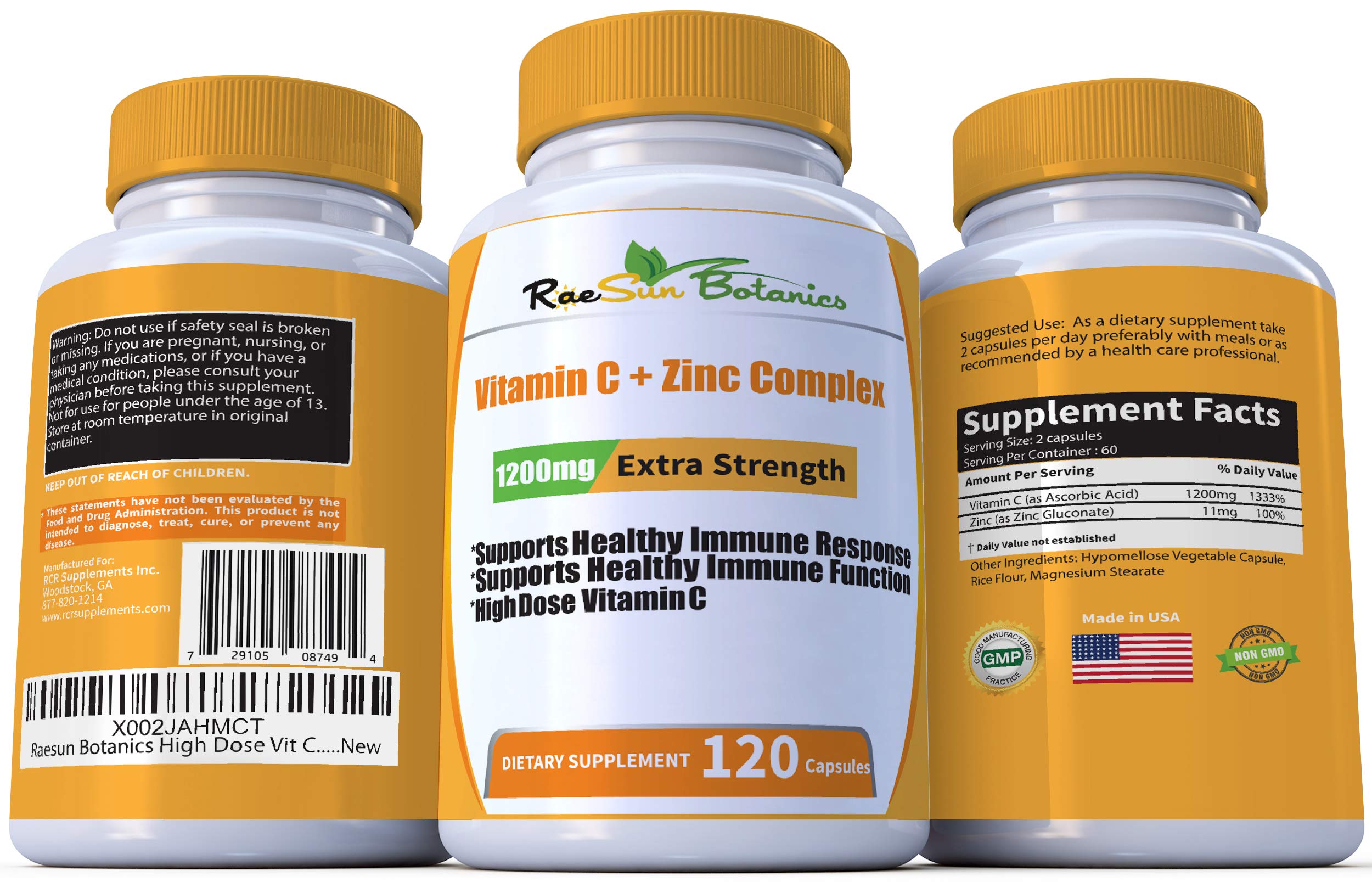 RaeSun Botanics Zinc & Vitamin C Supplement side view with label