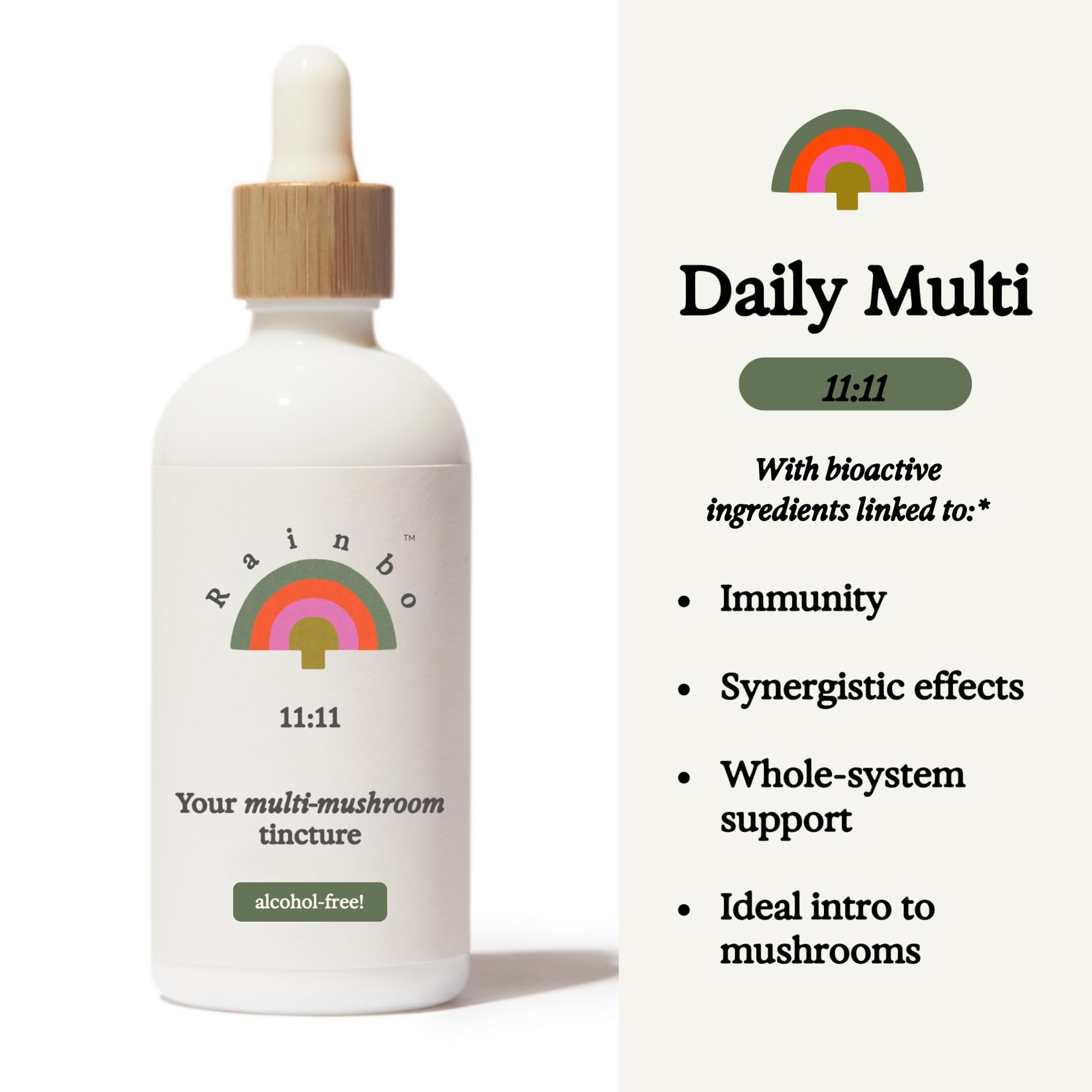 Rainbo 11:11 Mushroom Tincture bottle side view