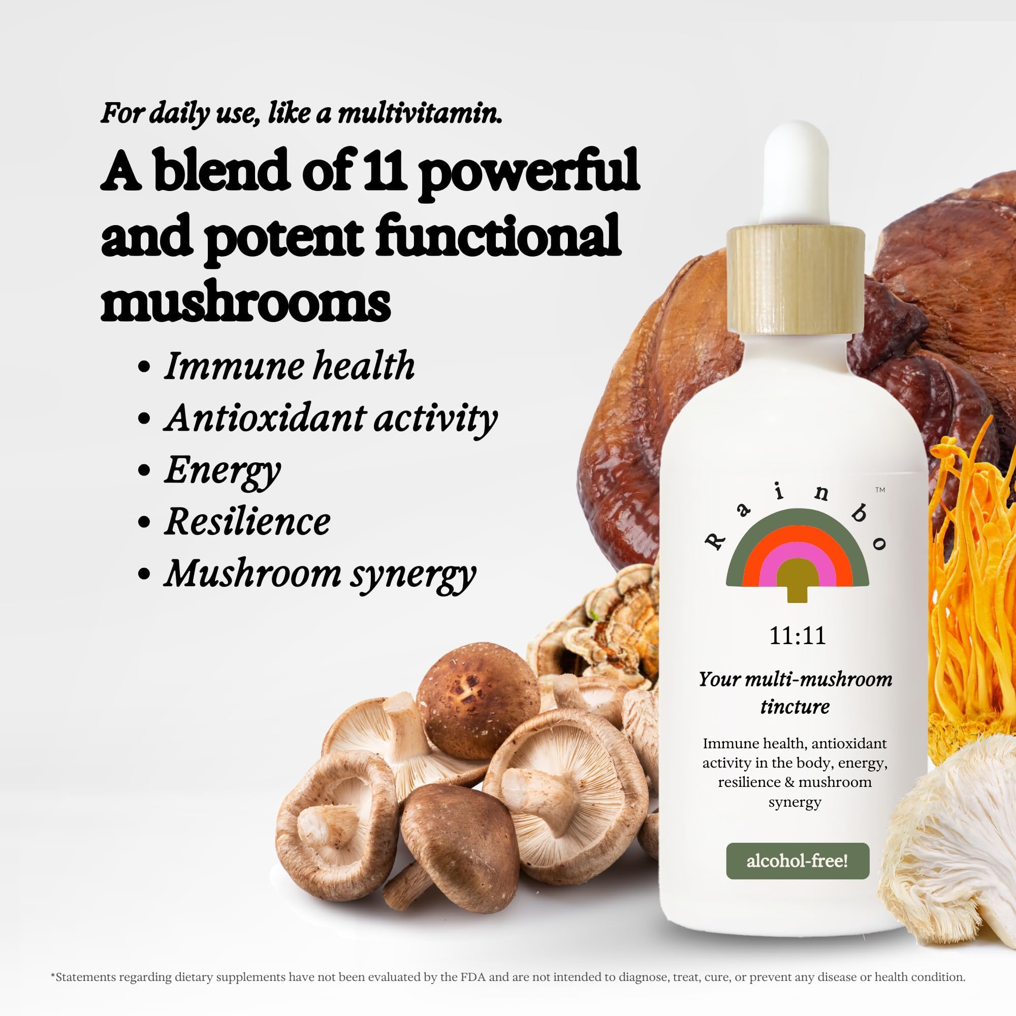 Rainbo 11:11 Mushroom Tincture on wooden table