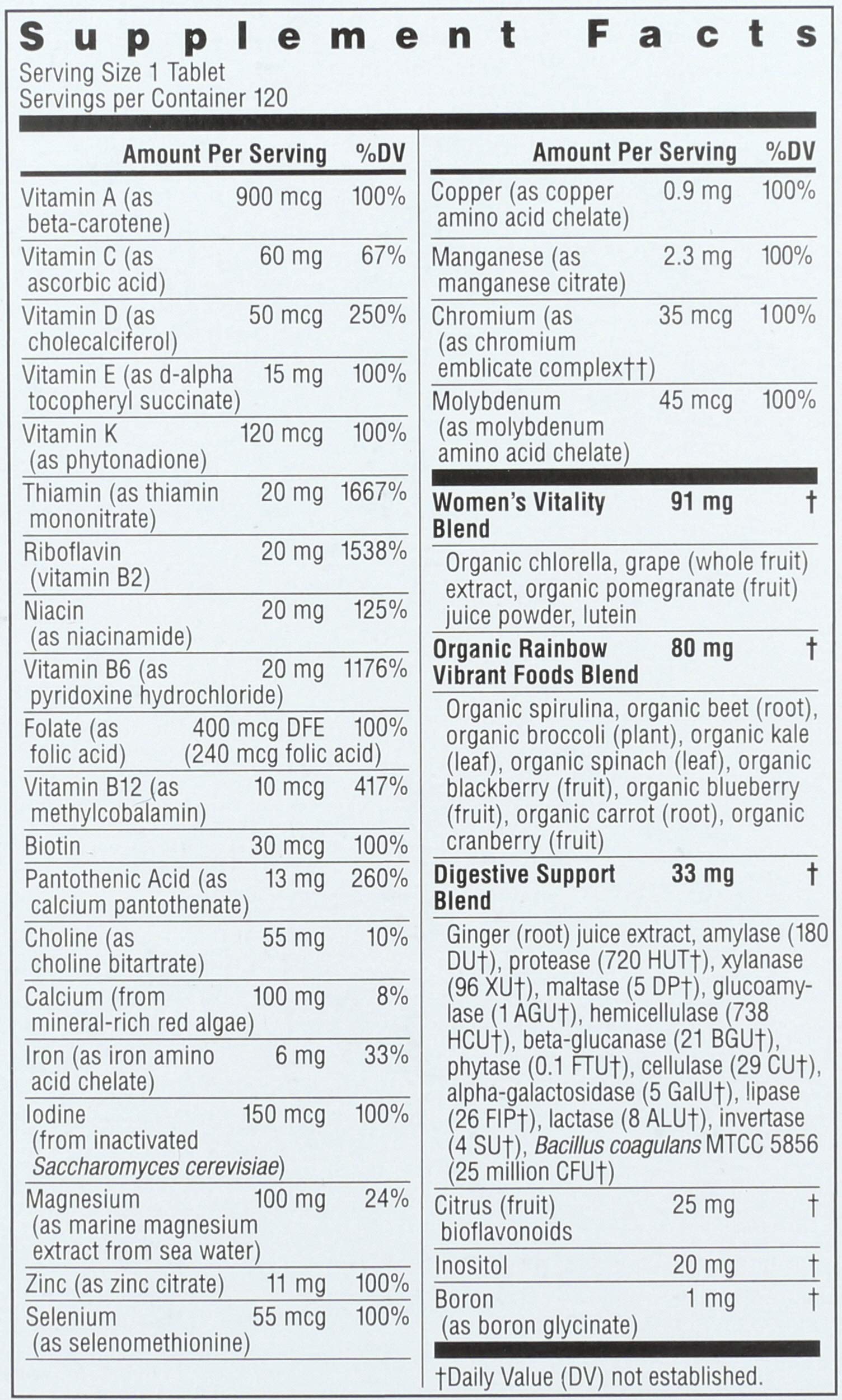 Rainbow Light Multivitamin 245g back view with ingredient list