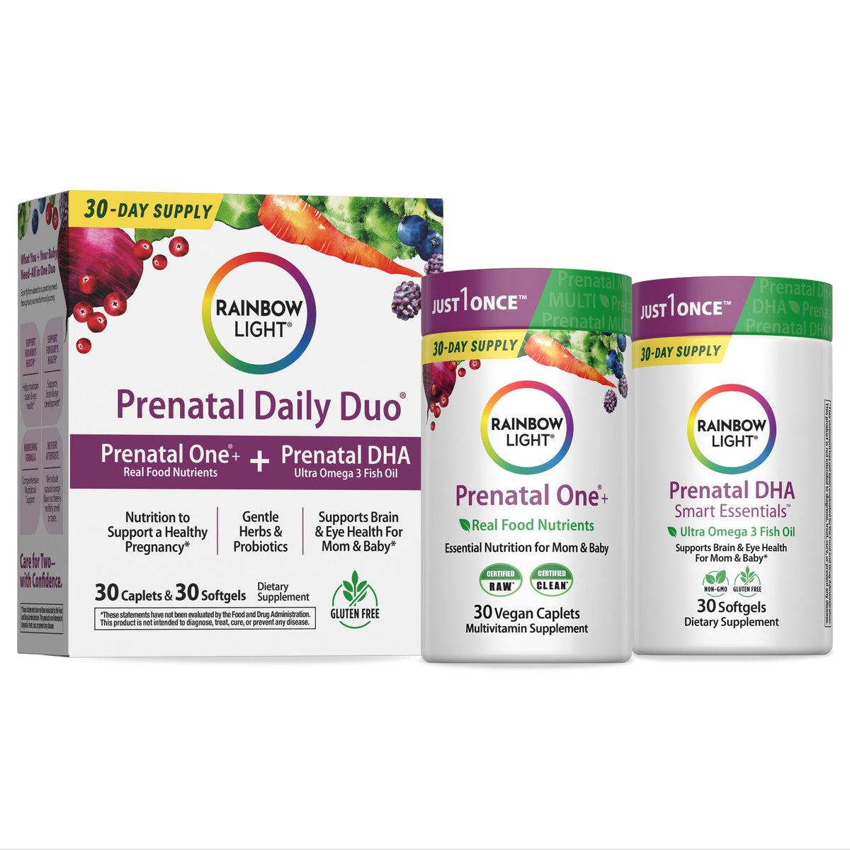 Rainbow Light Prenatal Daily Duo 30 Capsules and DHA 60 Softgels front view