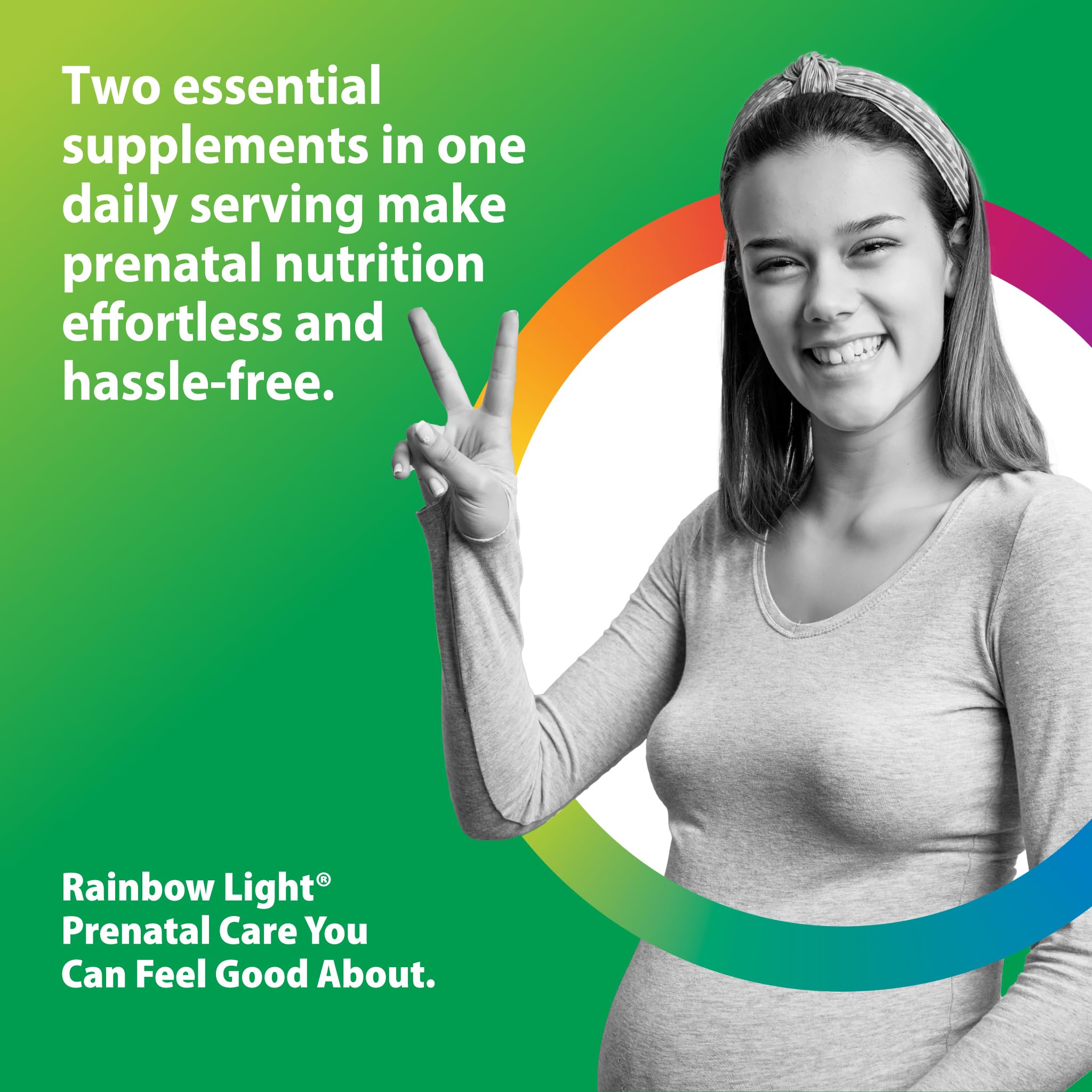 Rainbow Light Prenatal Daily Duo capsules and softgels displayed on a table