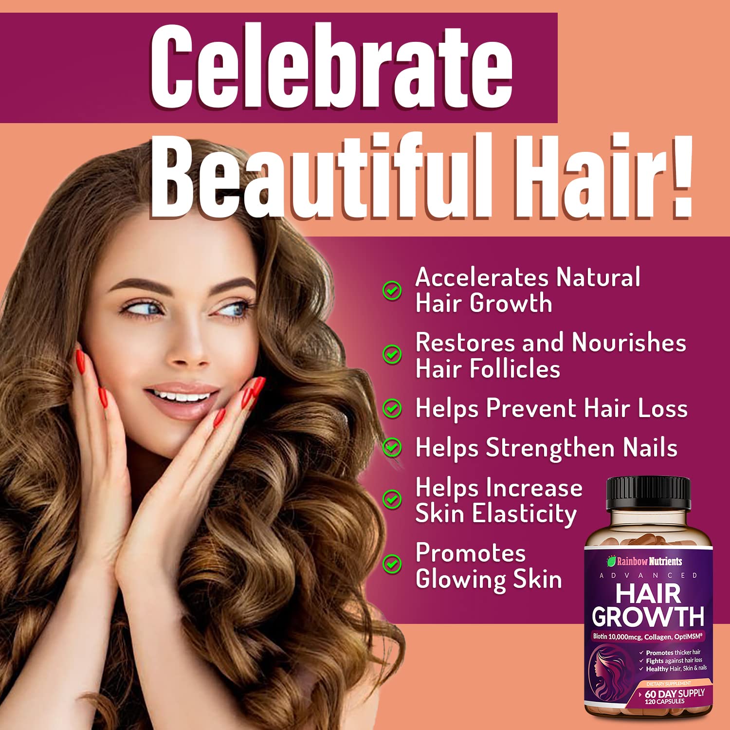 Rainbow Nutrients Hair Growth Supplement capsules in a clear container