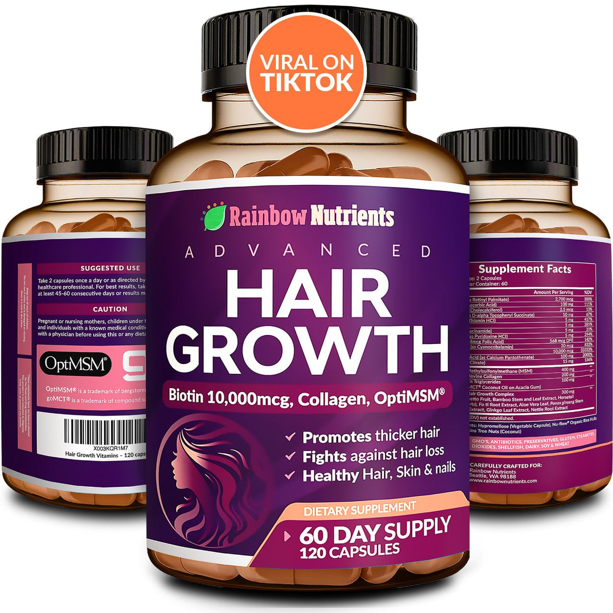 Rainbow Nutrients Hair Growth Supplement front view with 10,000mcg Biotin