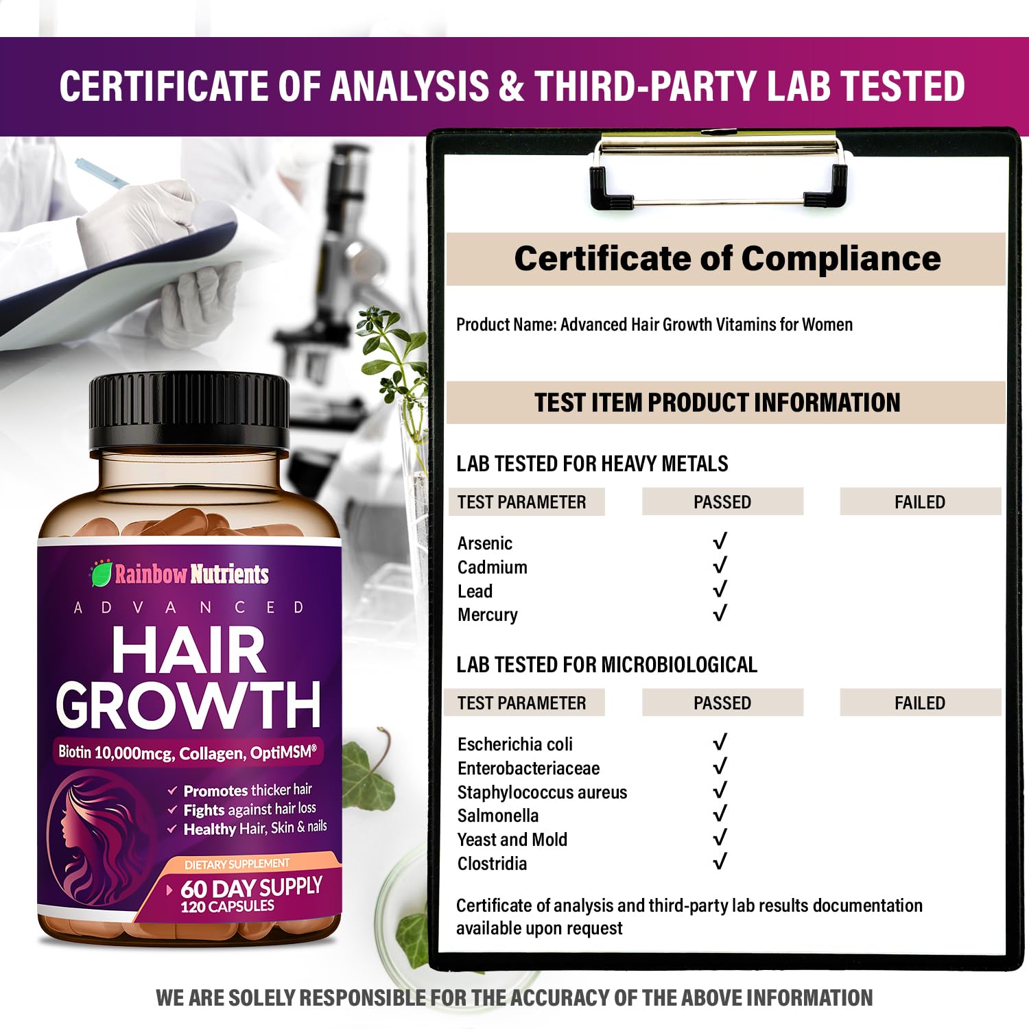 Rainbow Nutrients Hair Growth Supplement packaging on a wooden surface