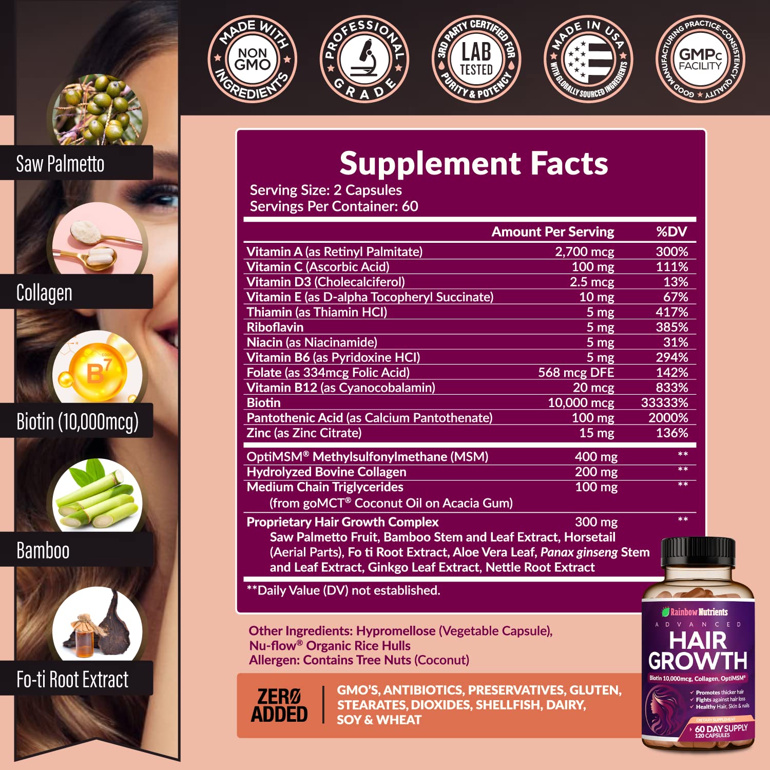Rainbow Nutrients Hair Growth Supplement side view showing packaging details