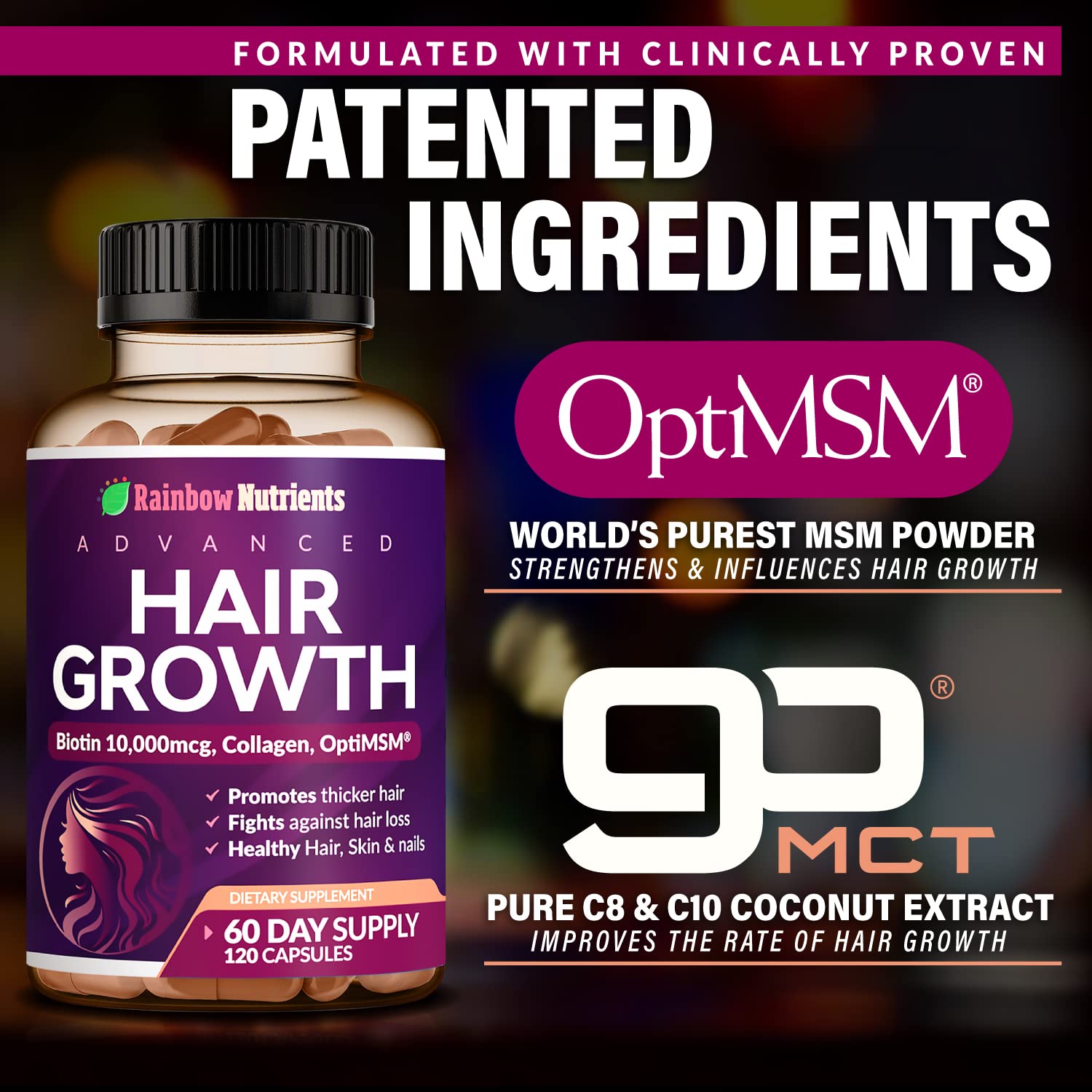 Rainbow Nutrients Hair Growth Supplement with a fresh floral background