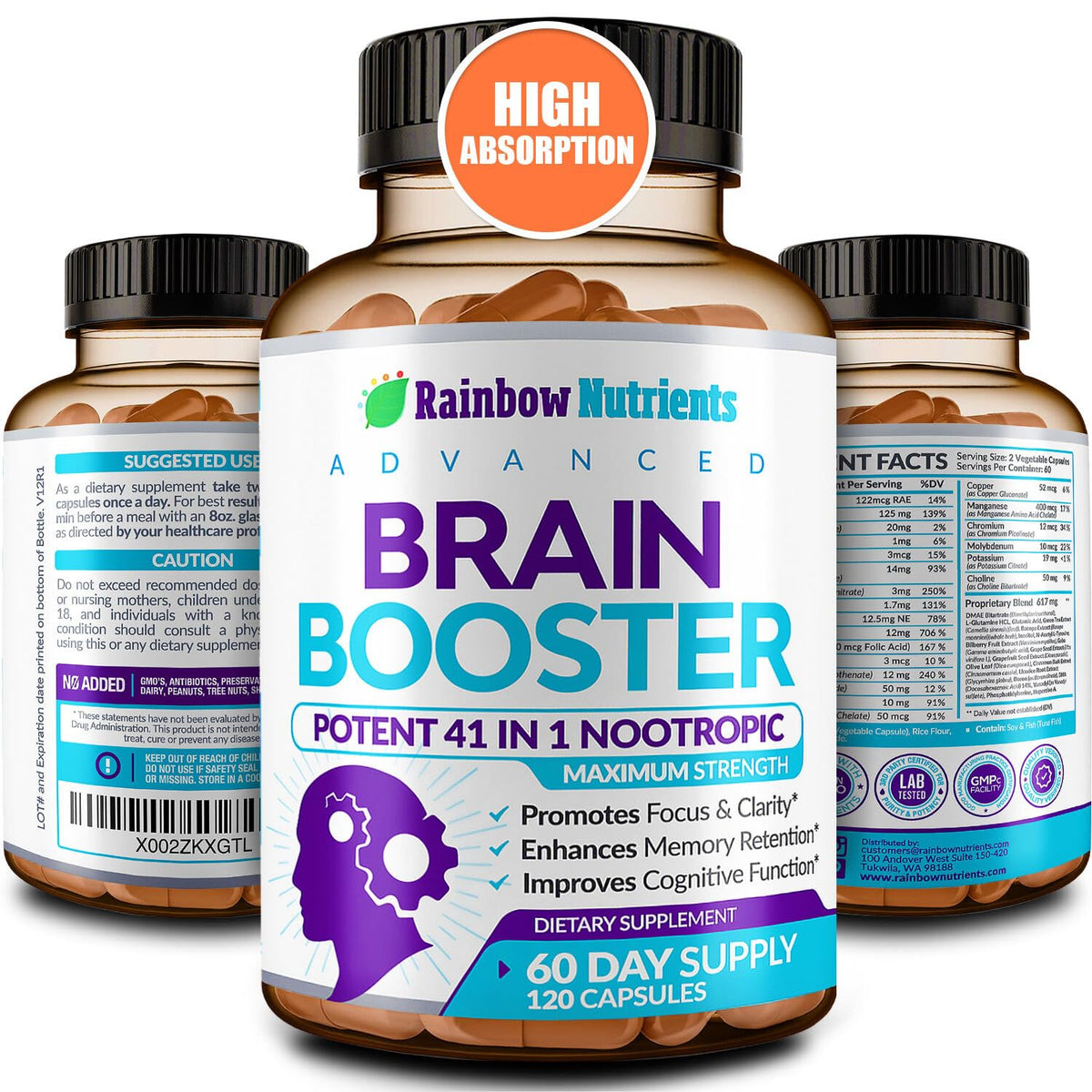 Rainbow Nutrients Nootropic Brain support 41 in 1 Supplement bottle front view