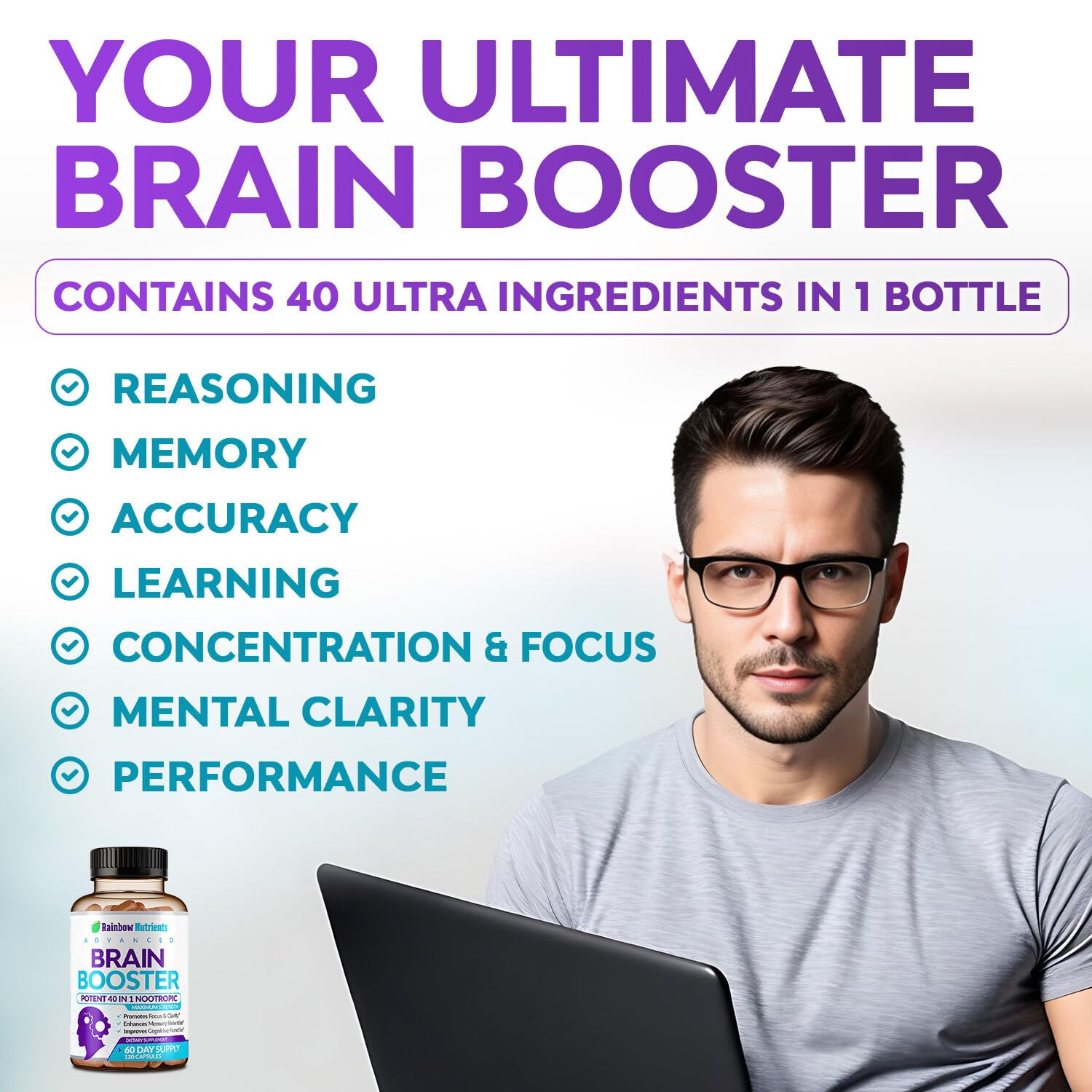 Rainbow Nutrients Nootropic Brain support 41 in 1 Supplement bottle side view
