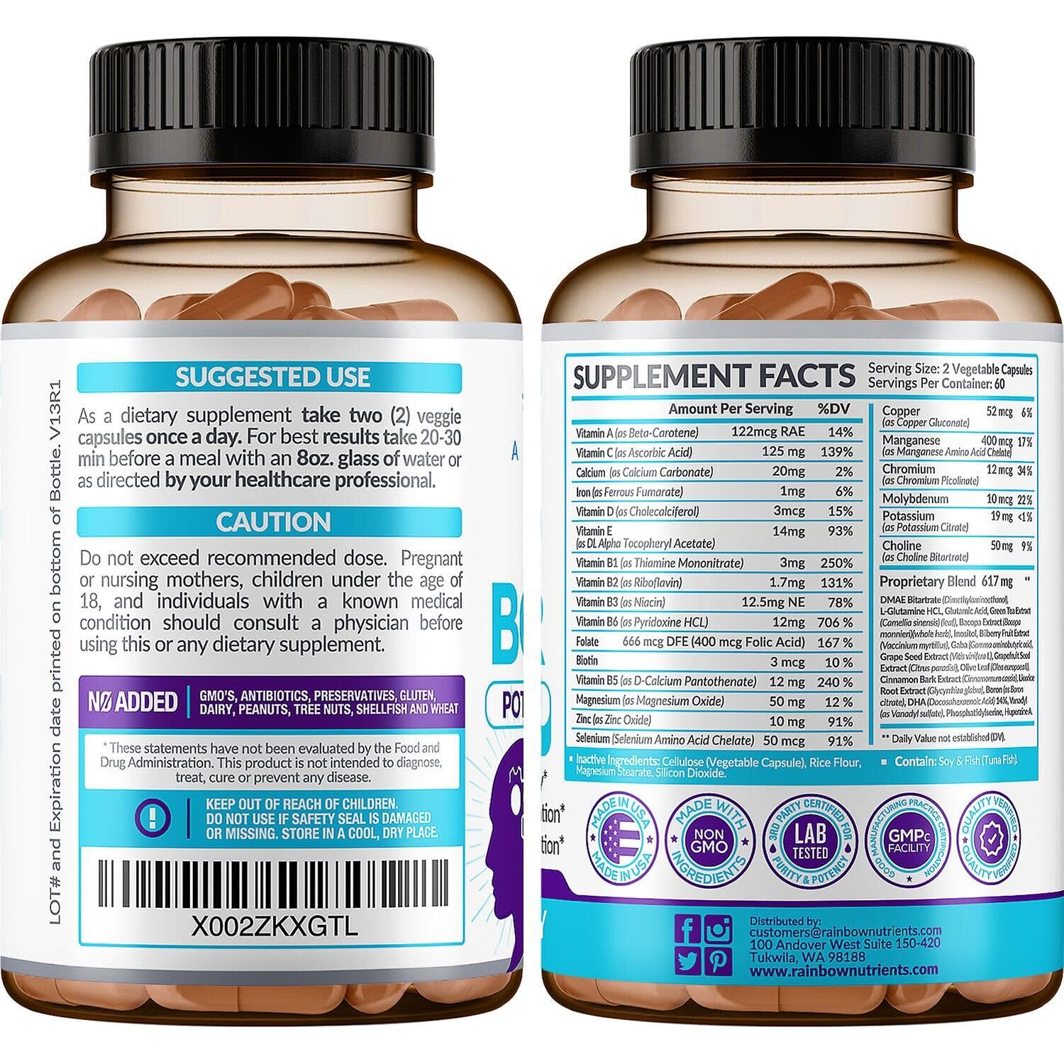 Rainbow Nutrients Nootropic Brain support 41 in 1 Supplement bottle with a notebook and pen