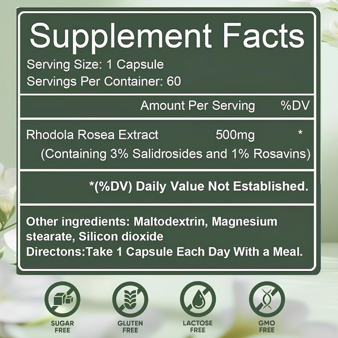 Raipult Rhodiola Rosea Capsules 500mg bottle back view