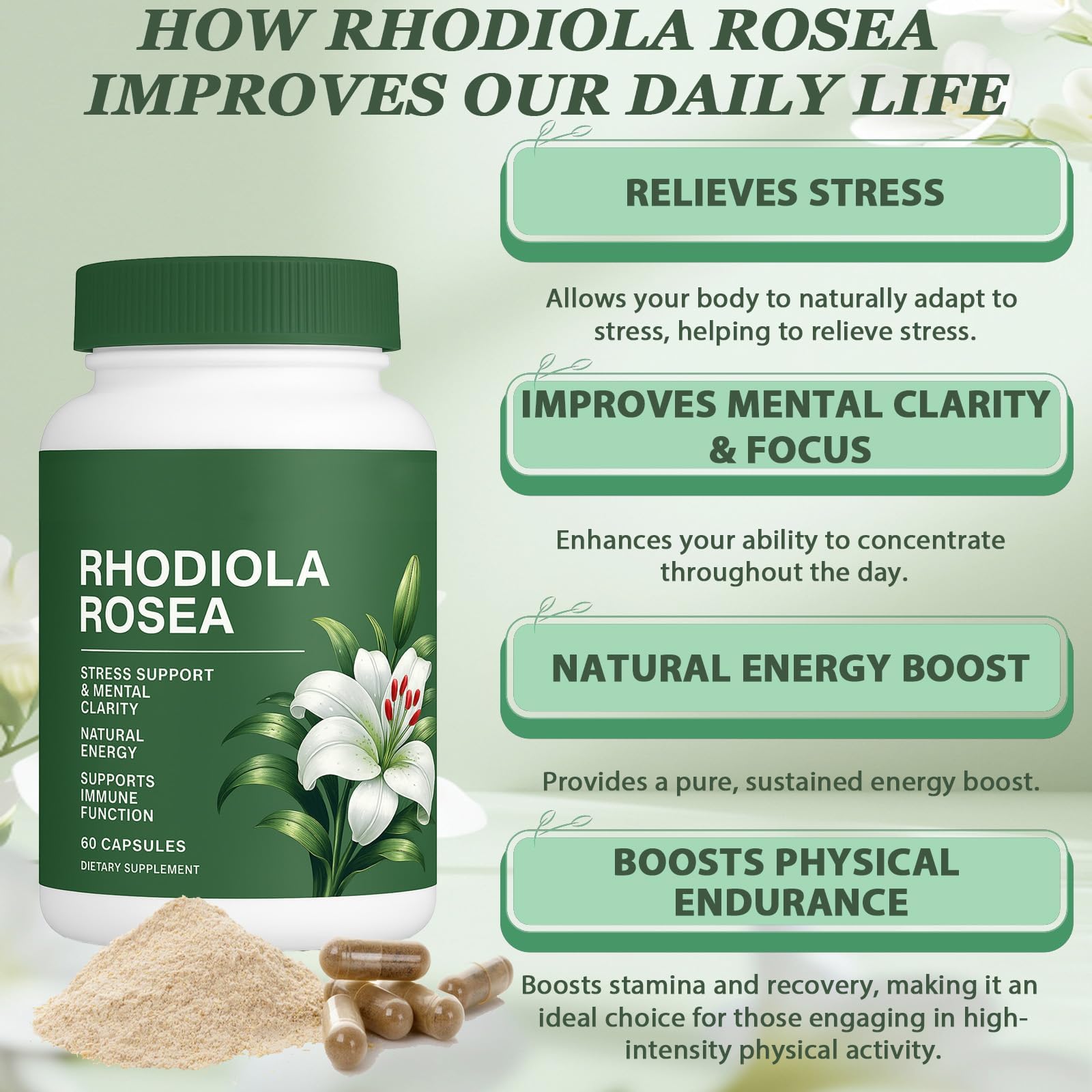 Raipult Rhodiola Rosea Capsules 500mg capsules on a table