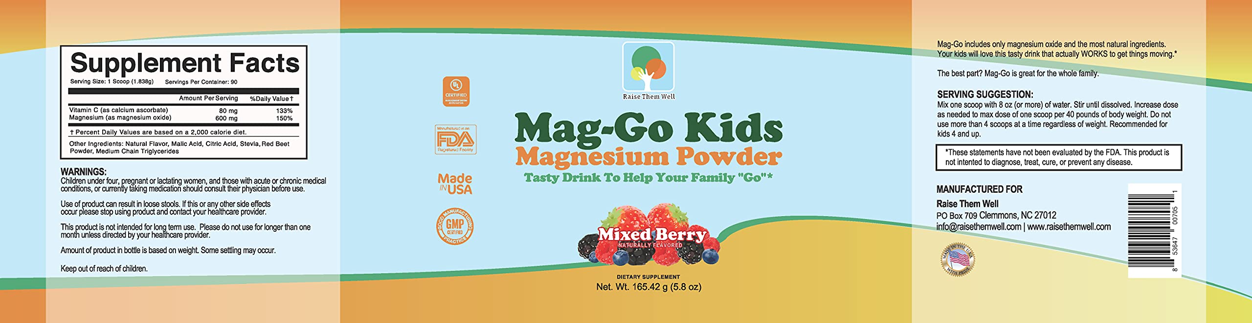 Raise Them Well Magnesium Powder back view with ingredients list