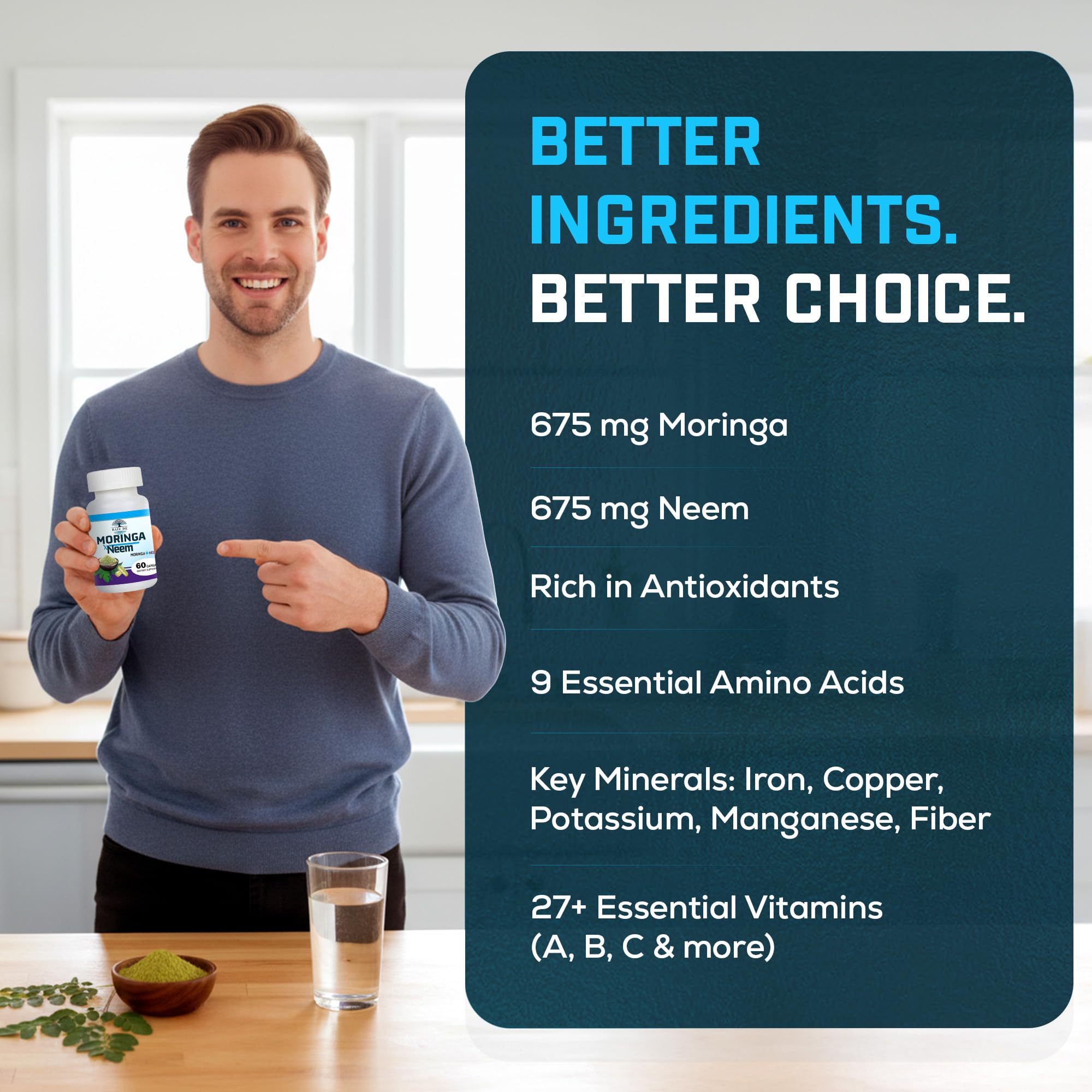 Raiz DE Moringa and Neem capsules with a glass of water