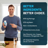 Raiz DE Moringa and Neem capsules with a glass of water