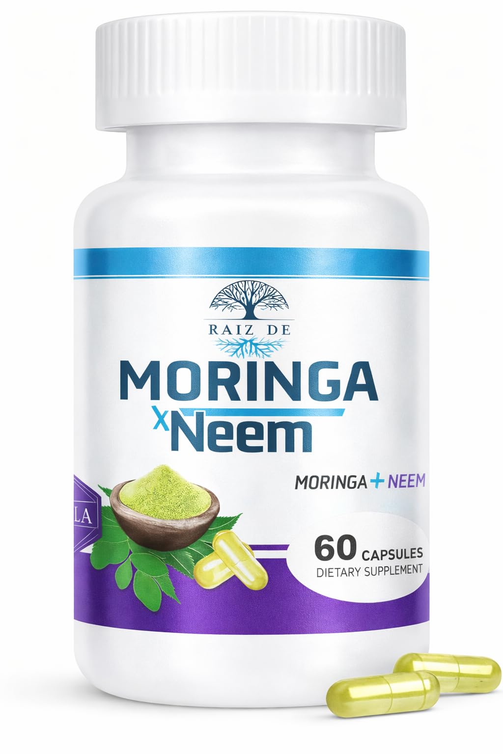 Raiz DE Moringa and Neem Herbal Supplement 675mg capsules front view
