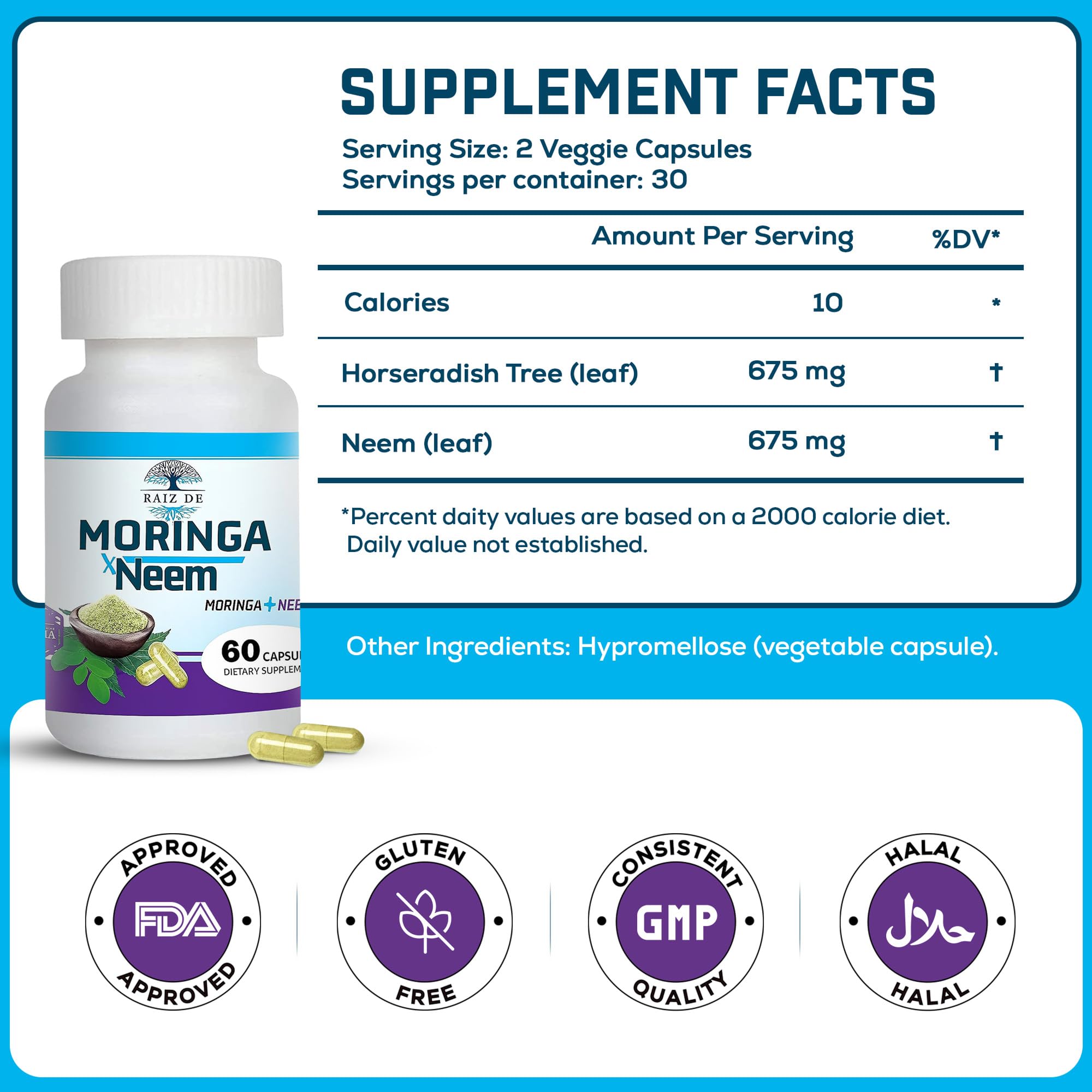 Raiz DE Moringa and Neem supplement with measuring spoon
