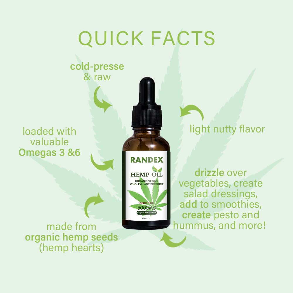 RANDEX Hemp Seed Oil bottle on a wooden table