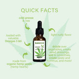 RANDEX Hemp Seed Oil bottle on a wooden table