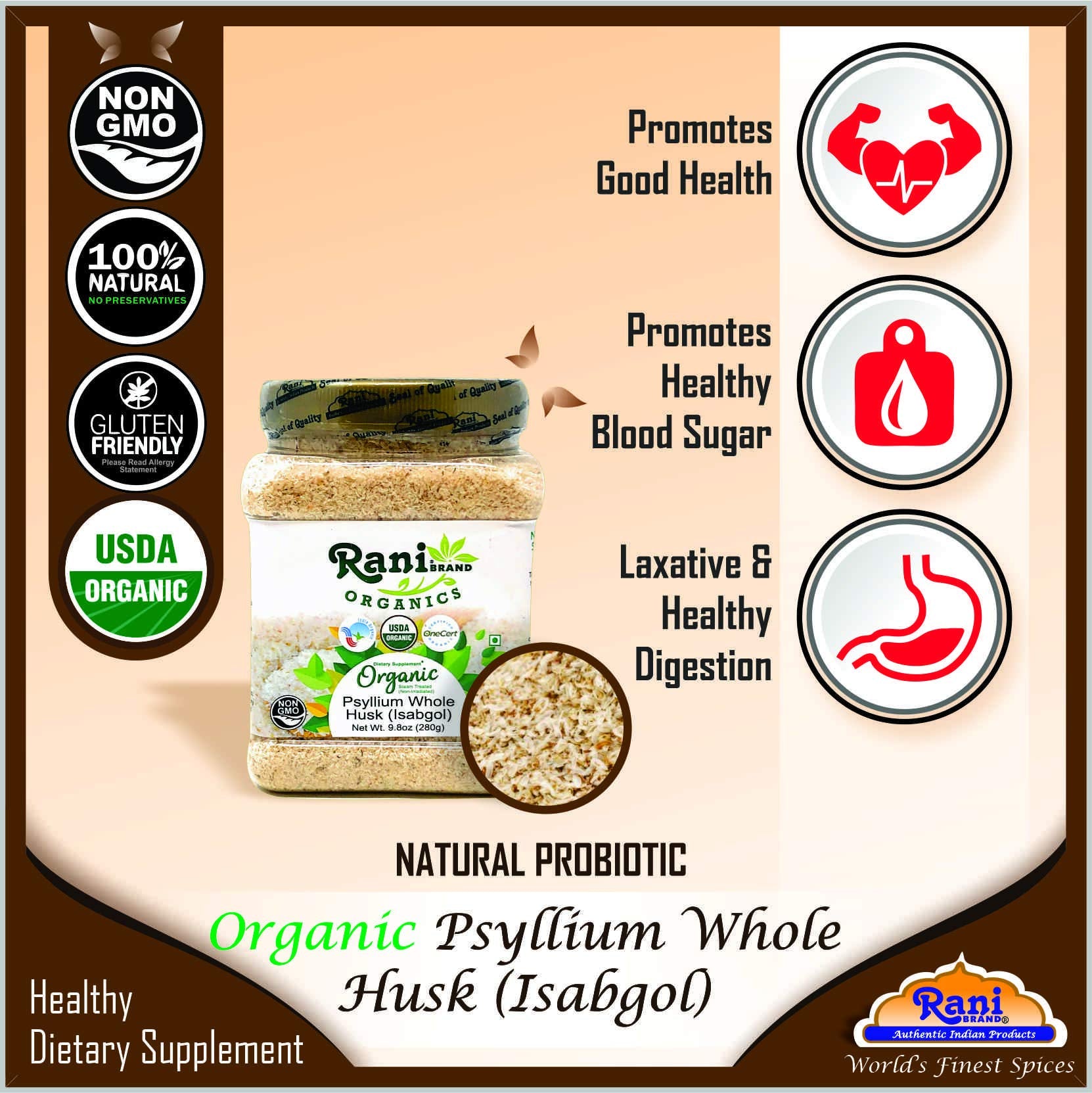 Rani Brand Organic Psyllium Whole Husk 280g packaging