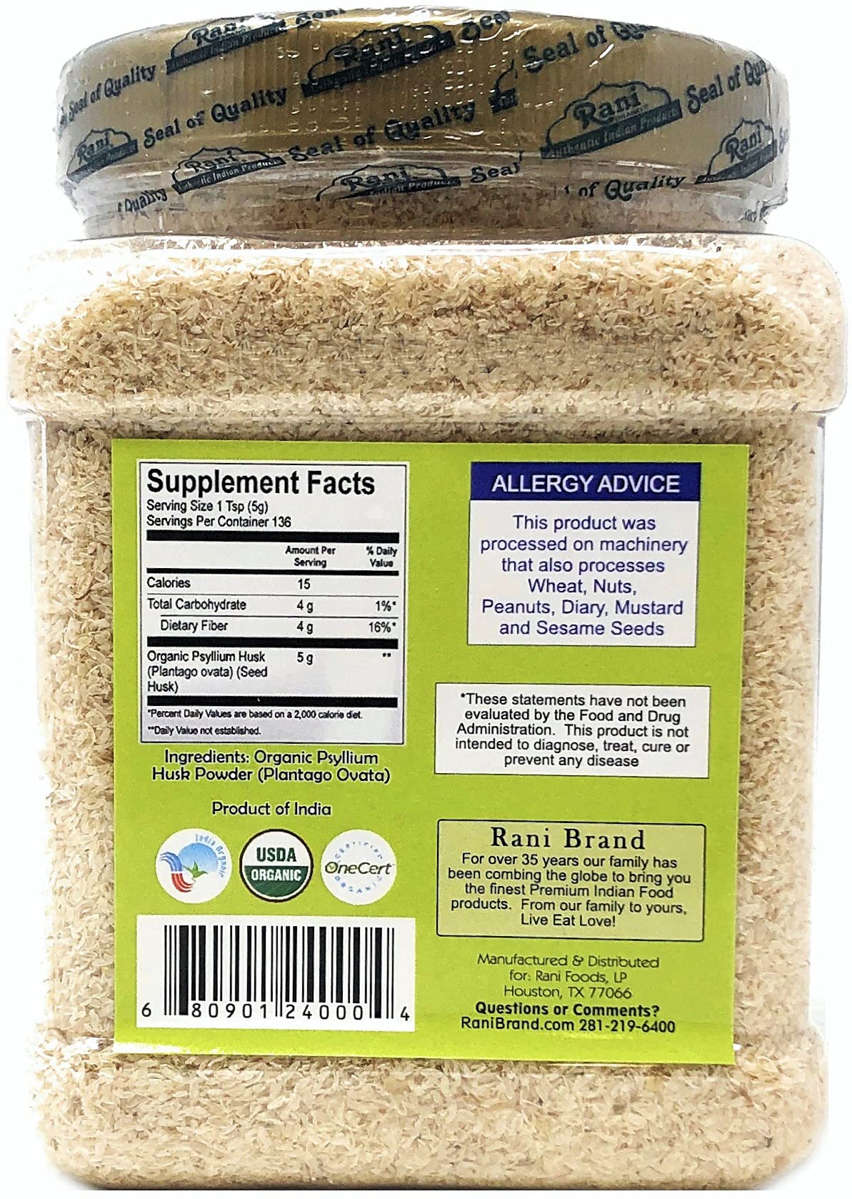 Rani Brand Organic Psyllium Whole Husk 280g side view