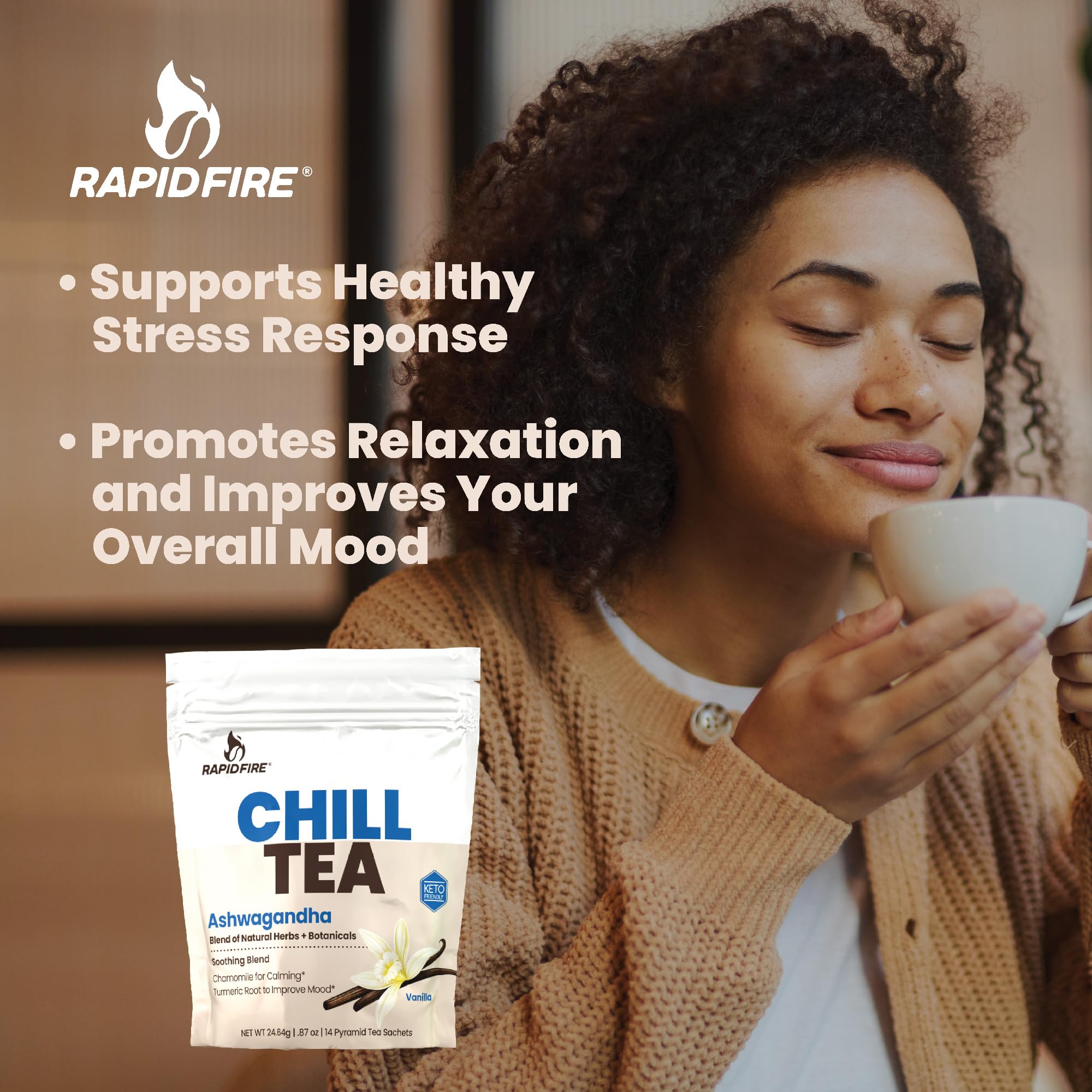 Rapid Fire Chill Tea sachet beside a steaming cup