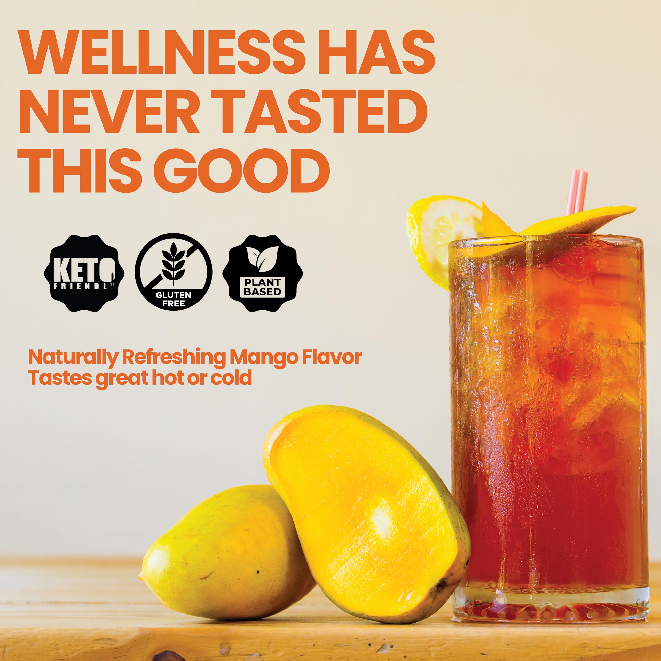 Rapid Fire Slim Tea Mango 35g with tropical mango background