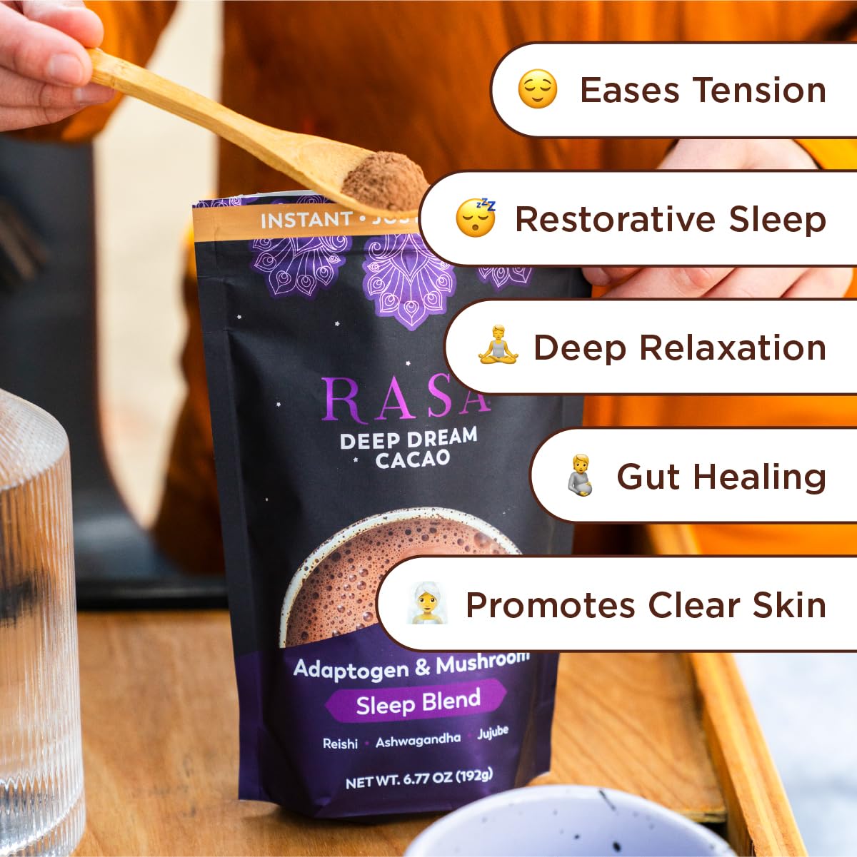 Rasa Koffee Deep Dream Cacao packaging with cacao powder