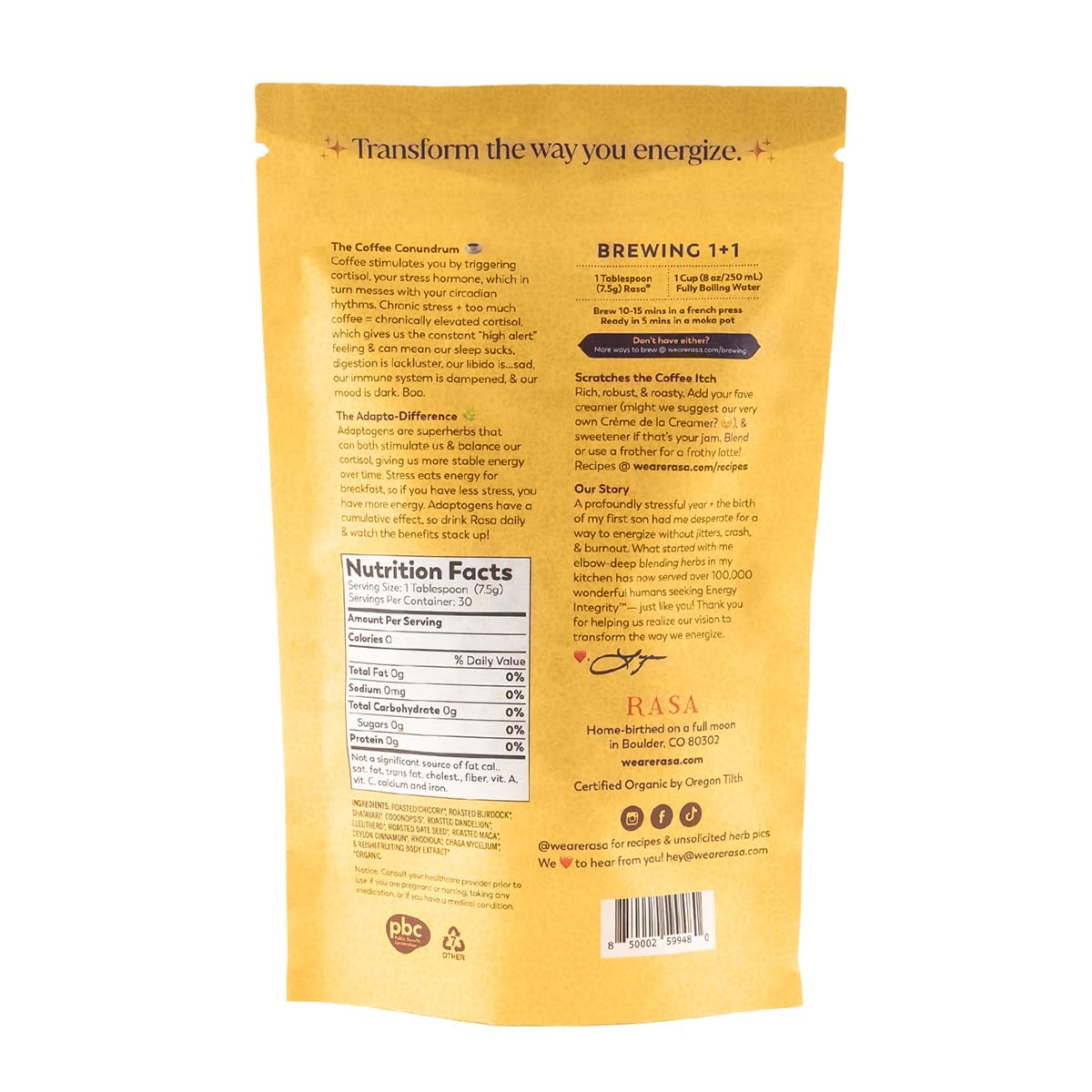 Rasa Koffee packaging side view with ingredients listed