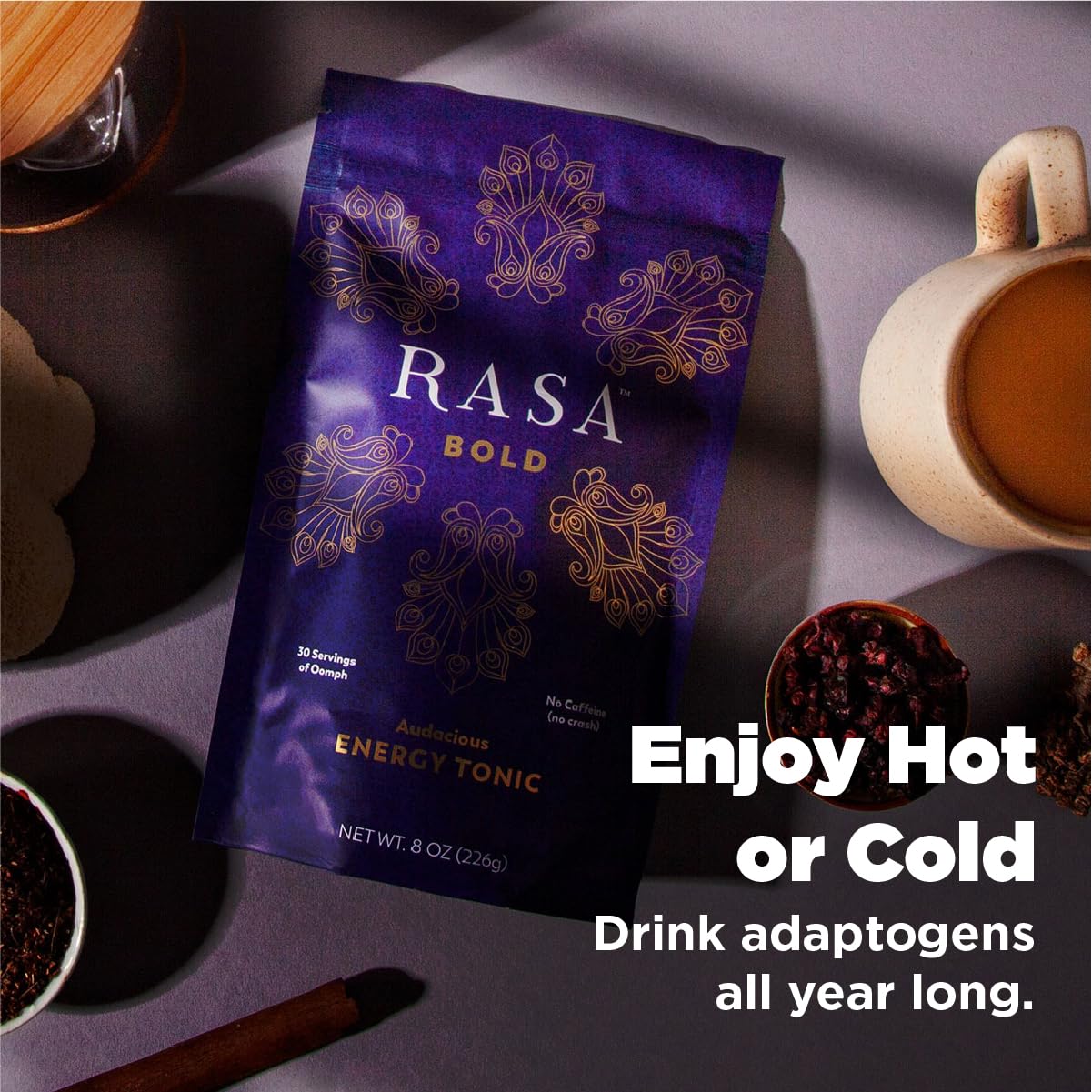 Rasa Mushroom Powder Dark Peruvian Cacao scoop next to ingredients