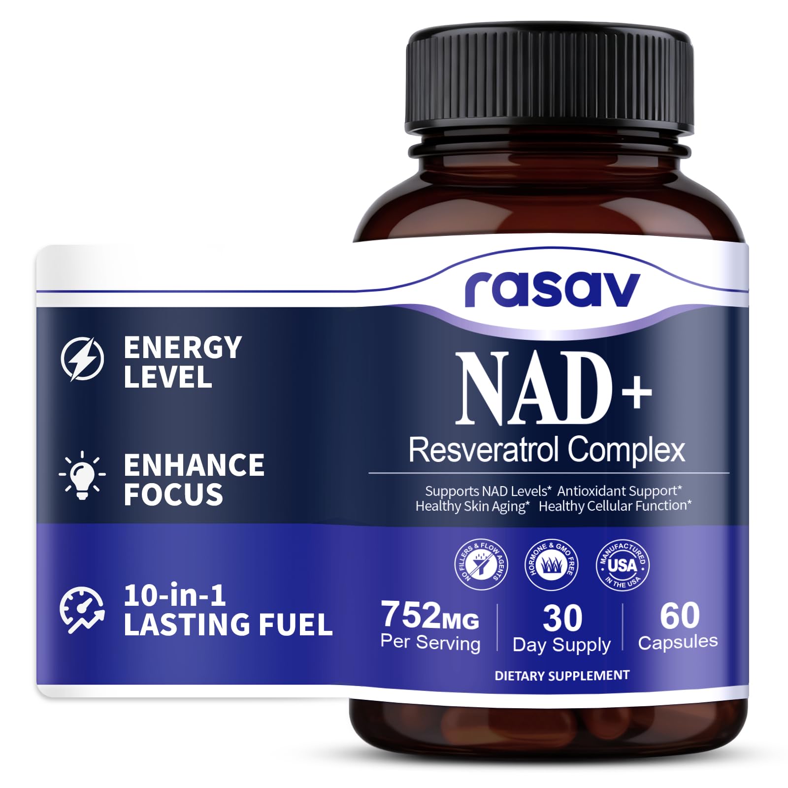Rasav NAD Resveratrol Supplement 300mg front view