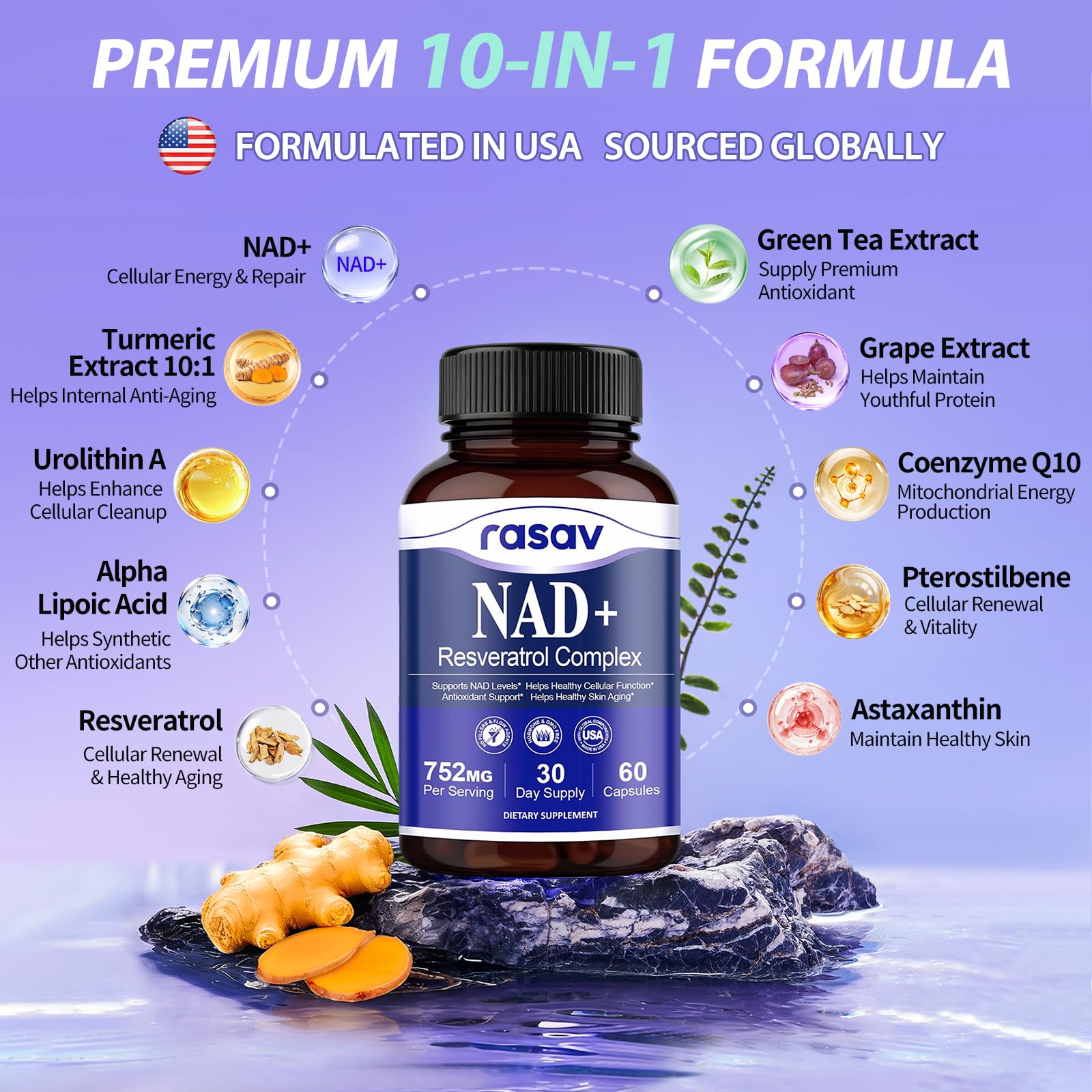 Rasav NAD Resveratrol Supplement 300mg side view