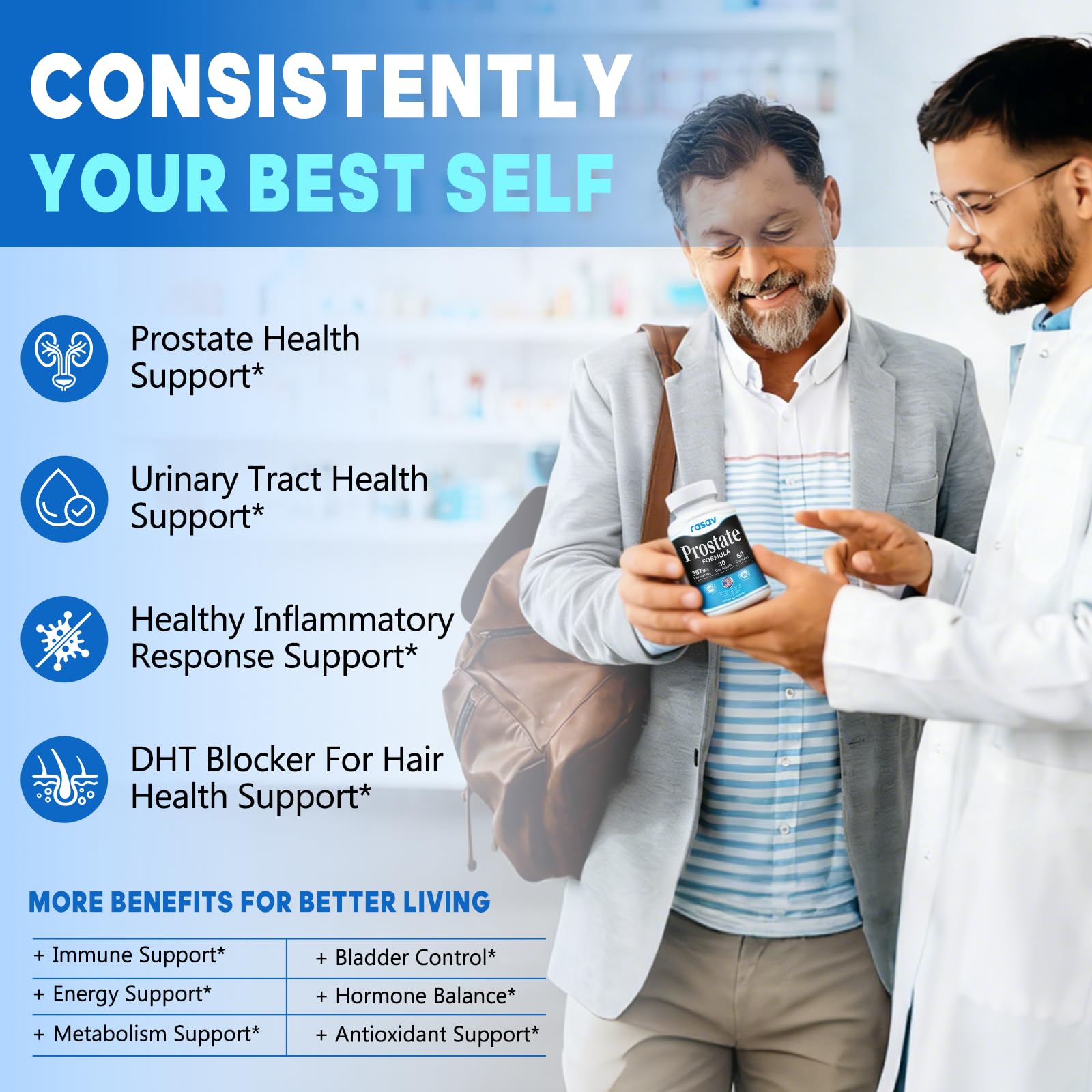 Rasav Saw Palmetto Prostate Support Supplement capsules close-up
