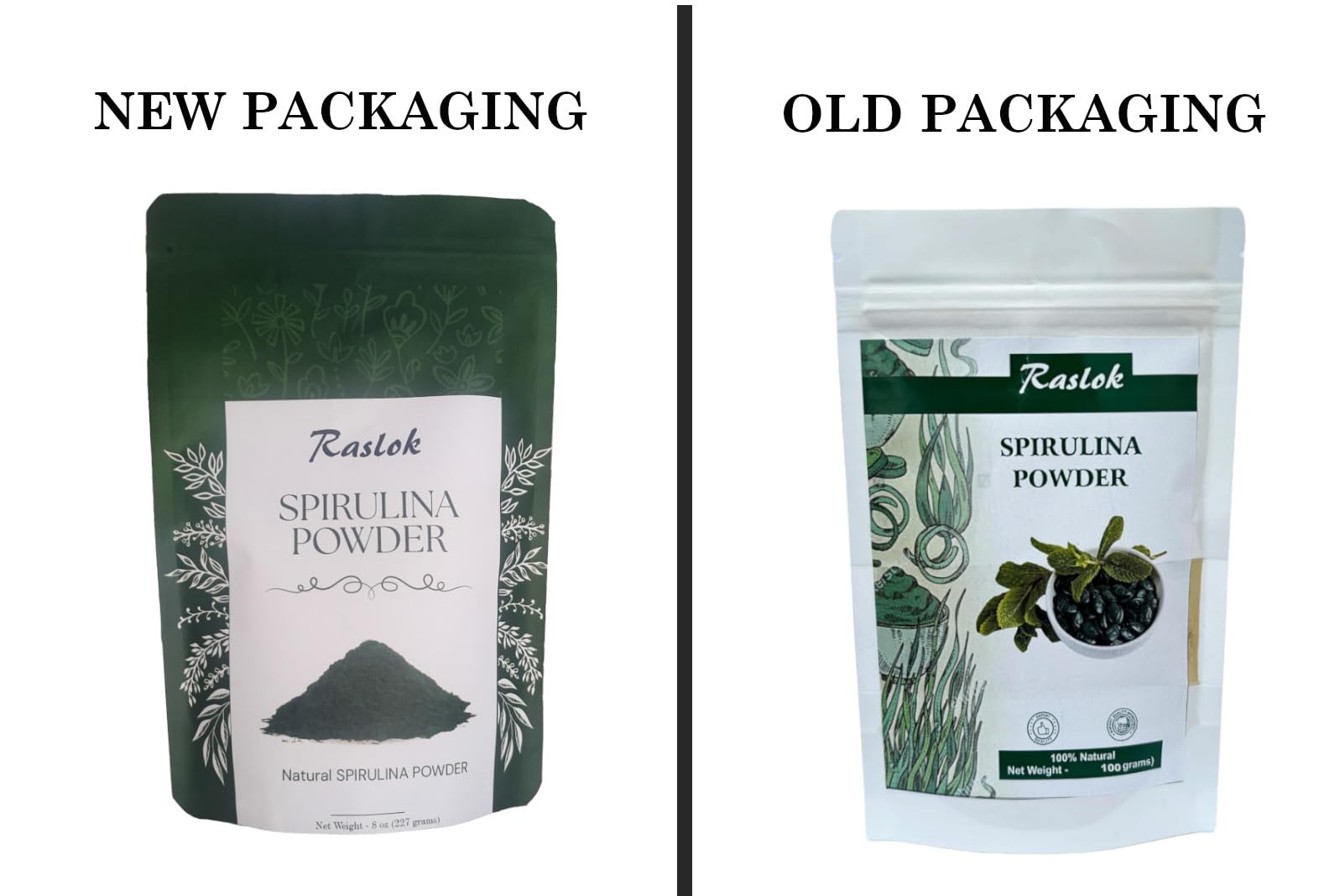 Raslok Pure Spirulina Powder scoop showing the green powder