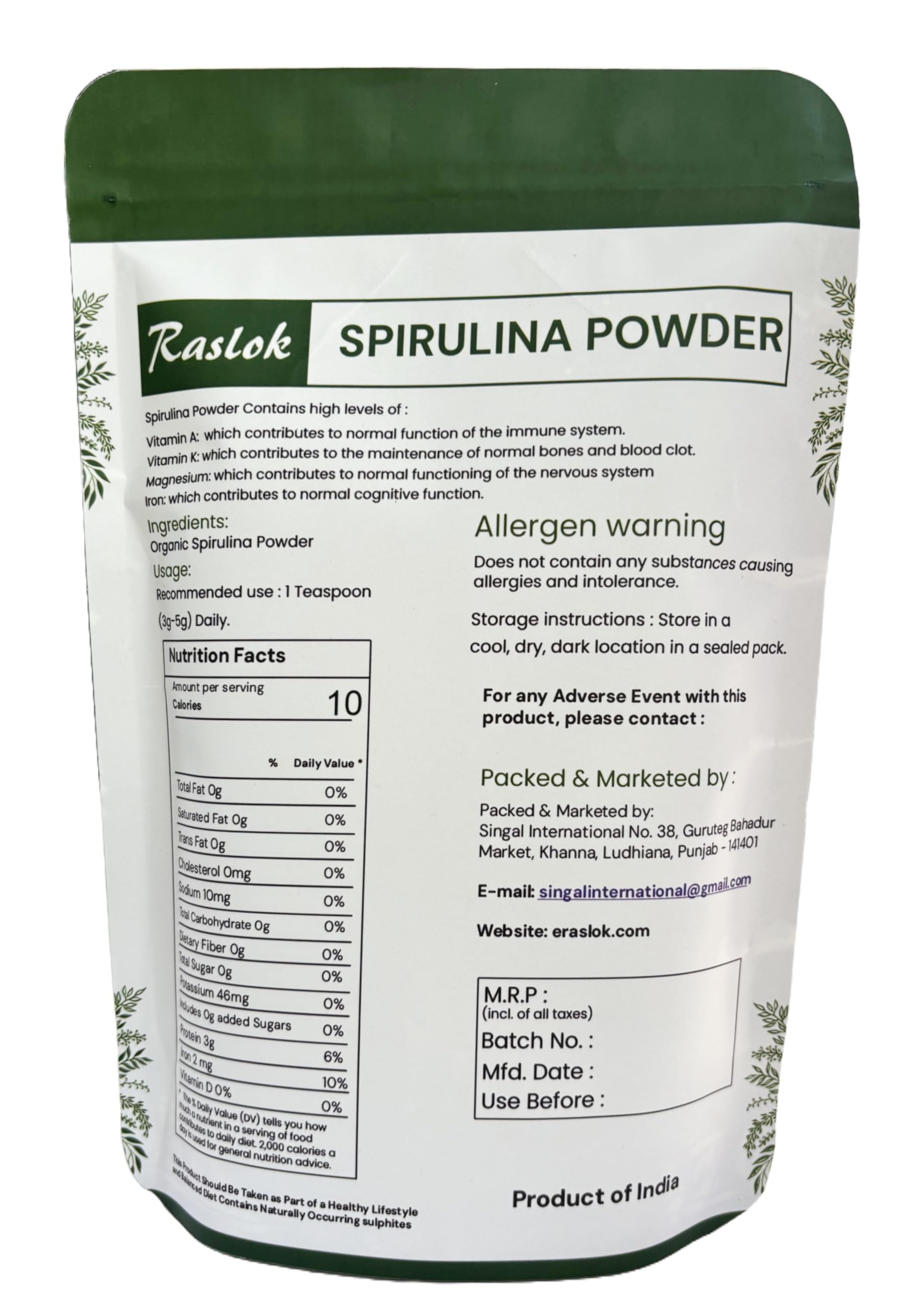 Raslok Pure Spirulina Powder side view with nutritional information