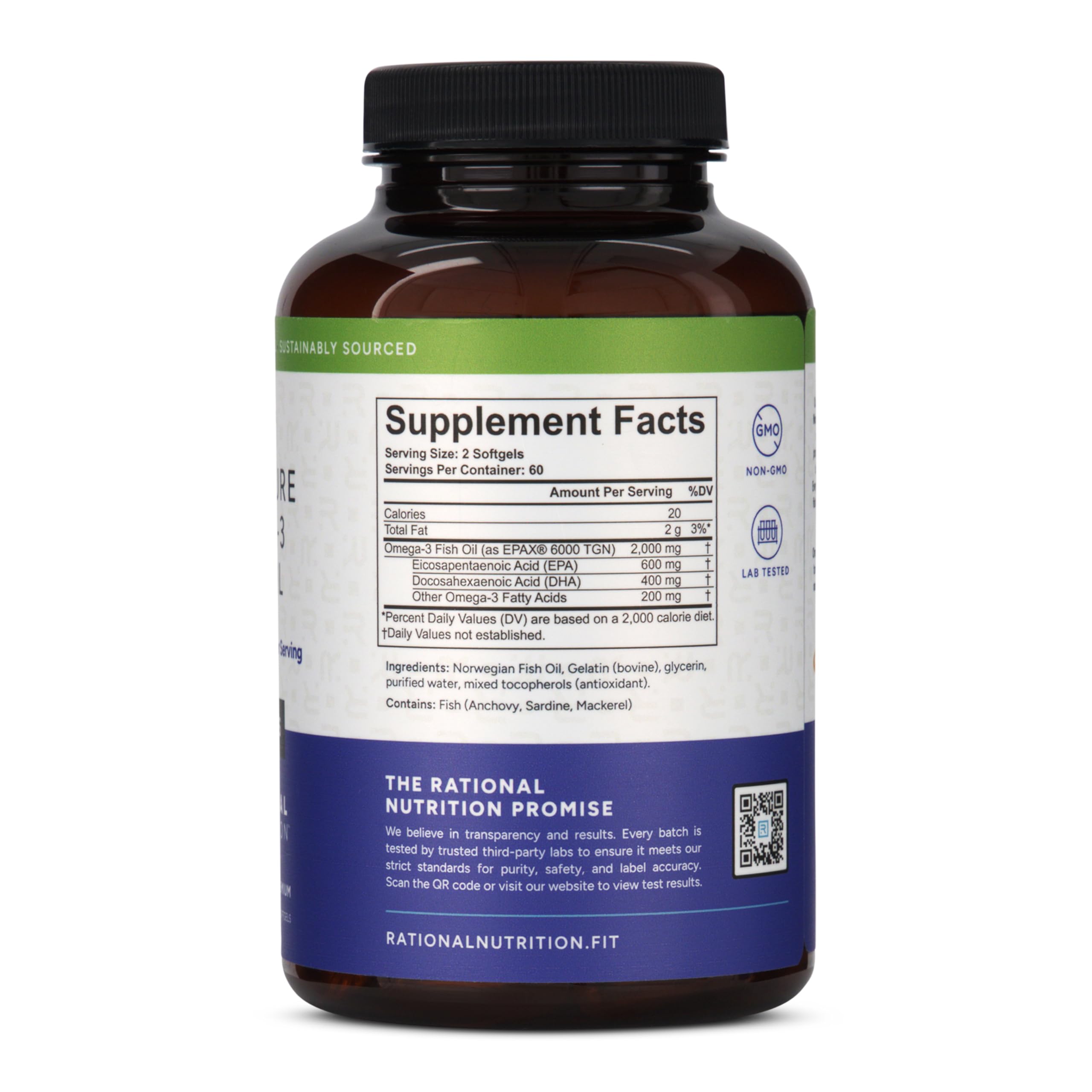Rational Nutrition Fish Oil 1000mg EPA+DHA capsule bottle side view