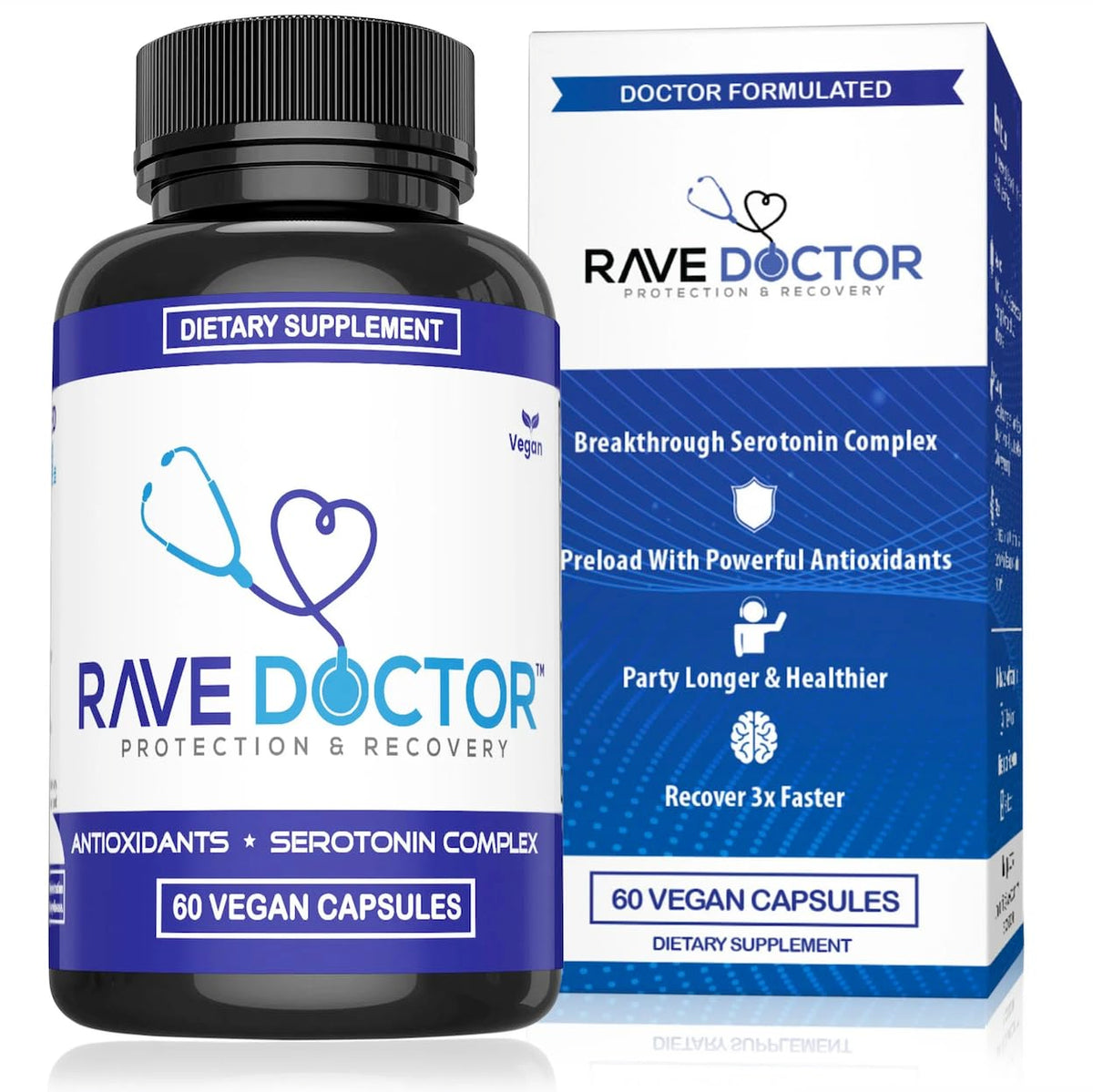 Rave Doctor 5-HTP Vegan Capsules front view with packaging