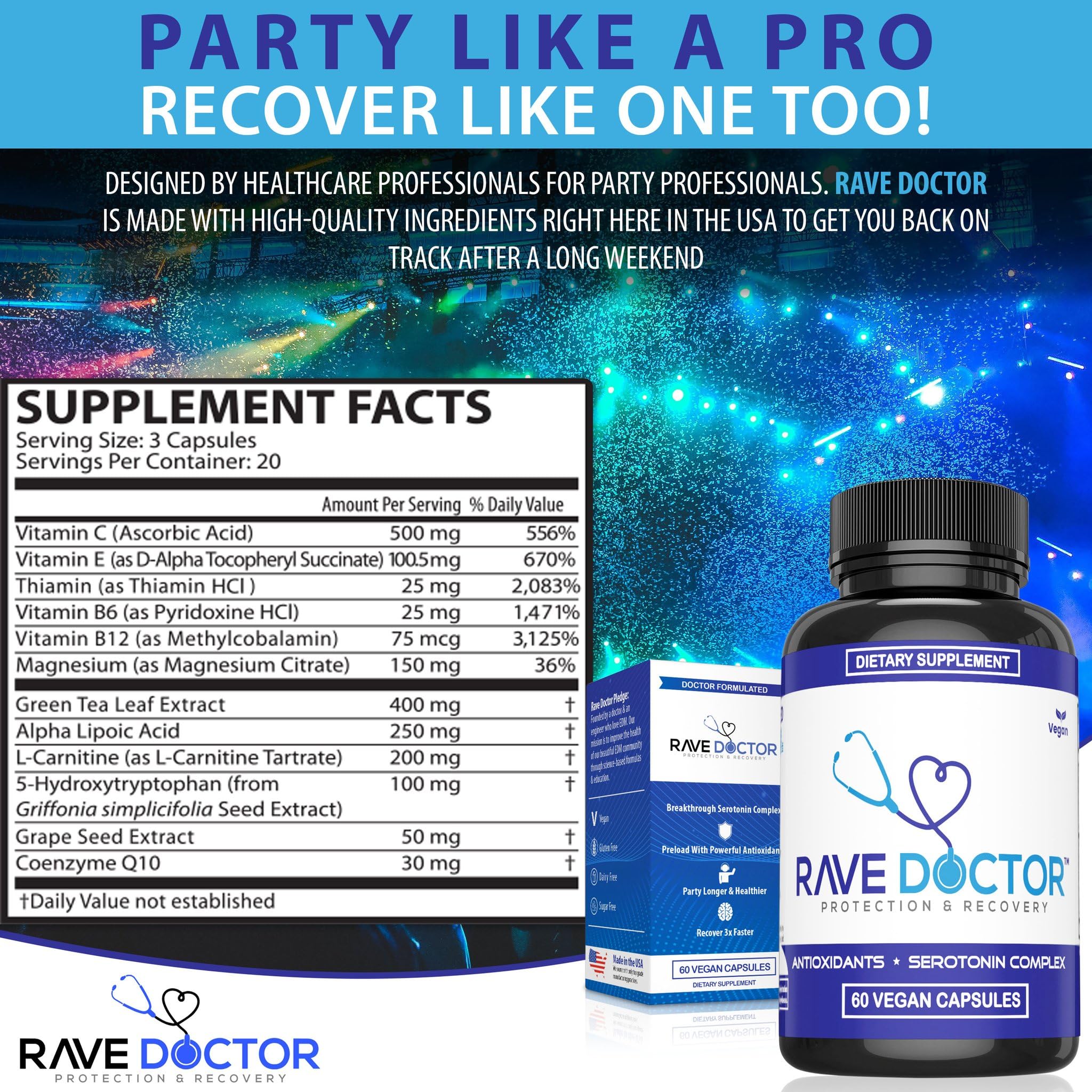 Rave Doctor 5-HTP Vegan Capsules on a table with other supplements