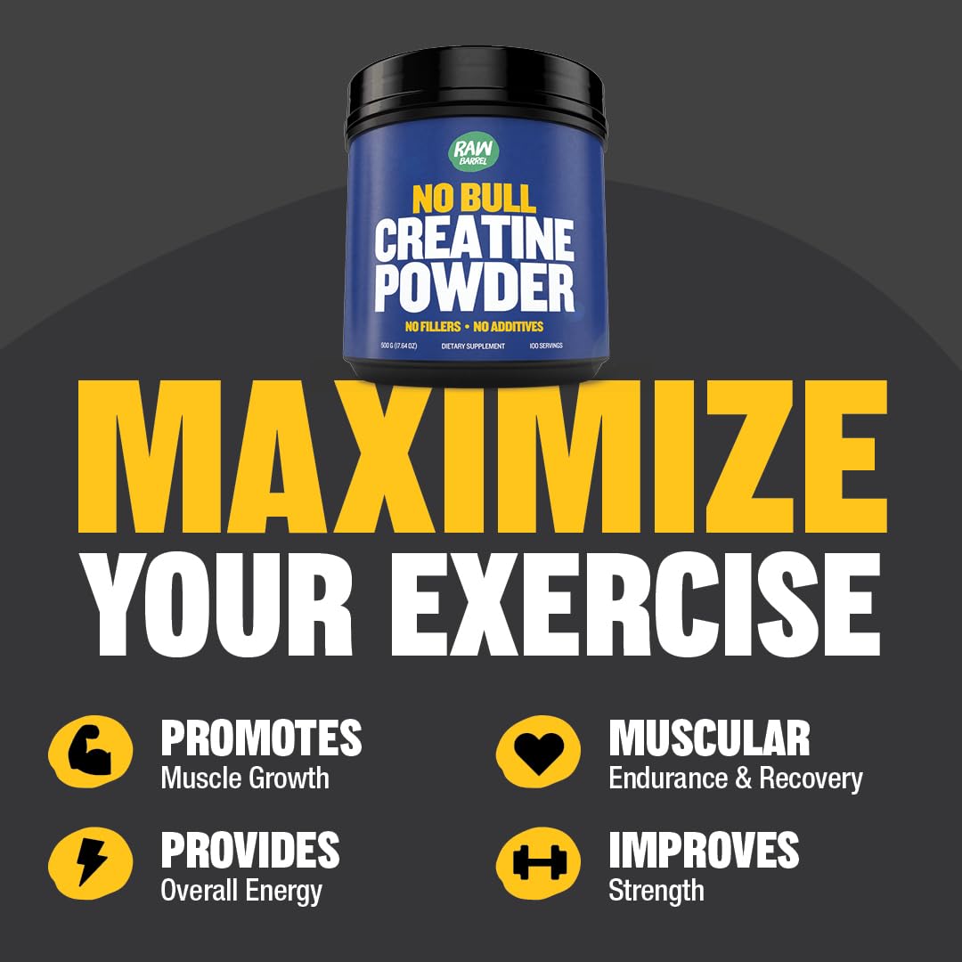 Raw Barrel Creatine Monohydrate Powder 500g side view
