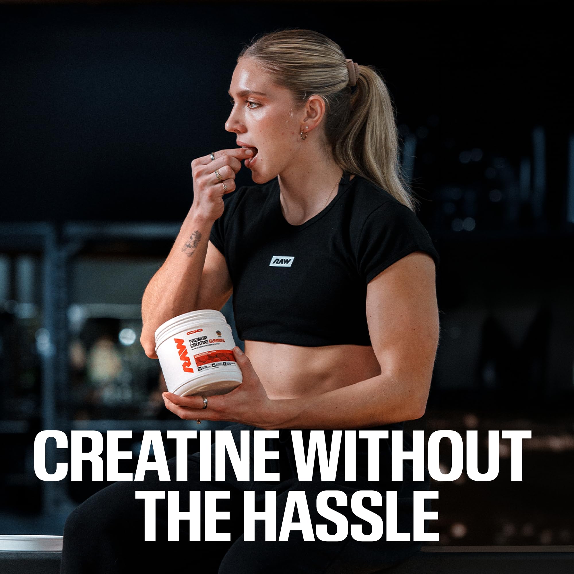 RAW Creatine Gummies displayed on a fitness mat
