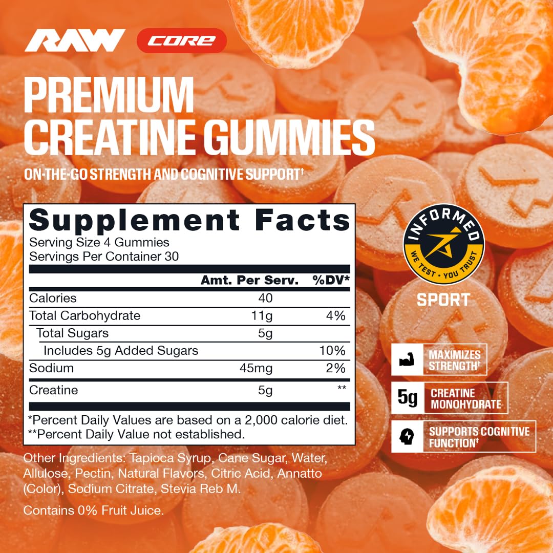 RAW Creatine Gummies side view with serving size